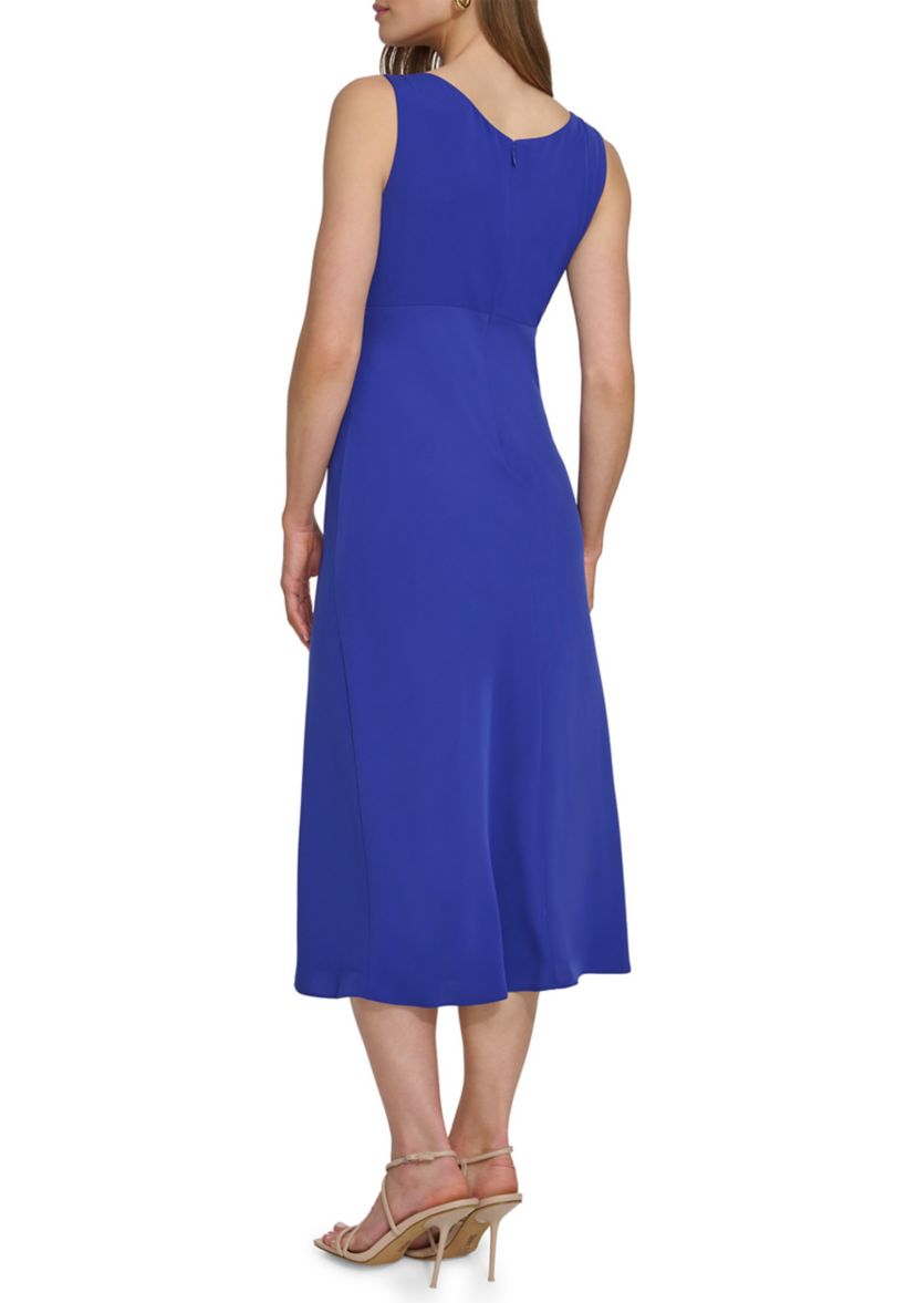 Womens Sleeveless Square Neck Solid Crepe A-Line Dress