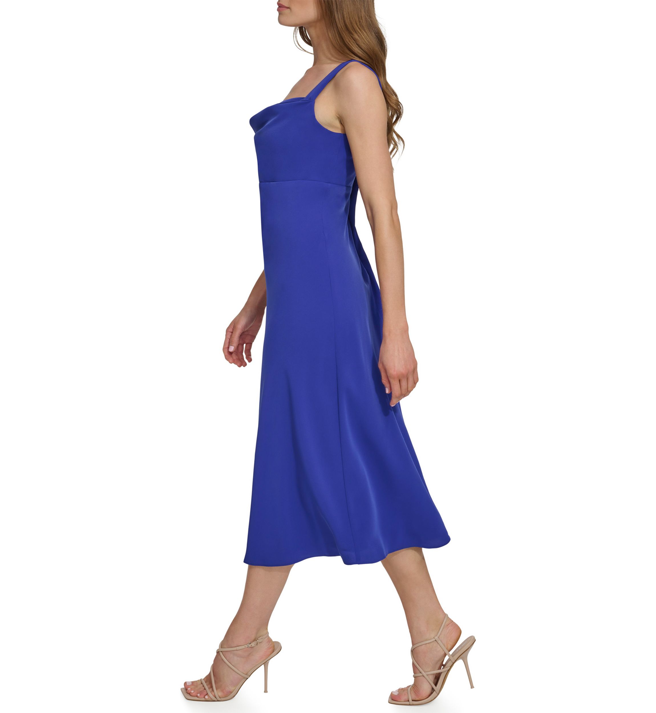 Womens Sleeveless Square Neck Solid Crepe A-Line Dress