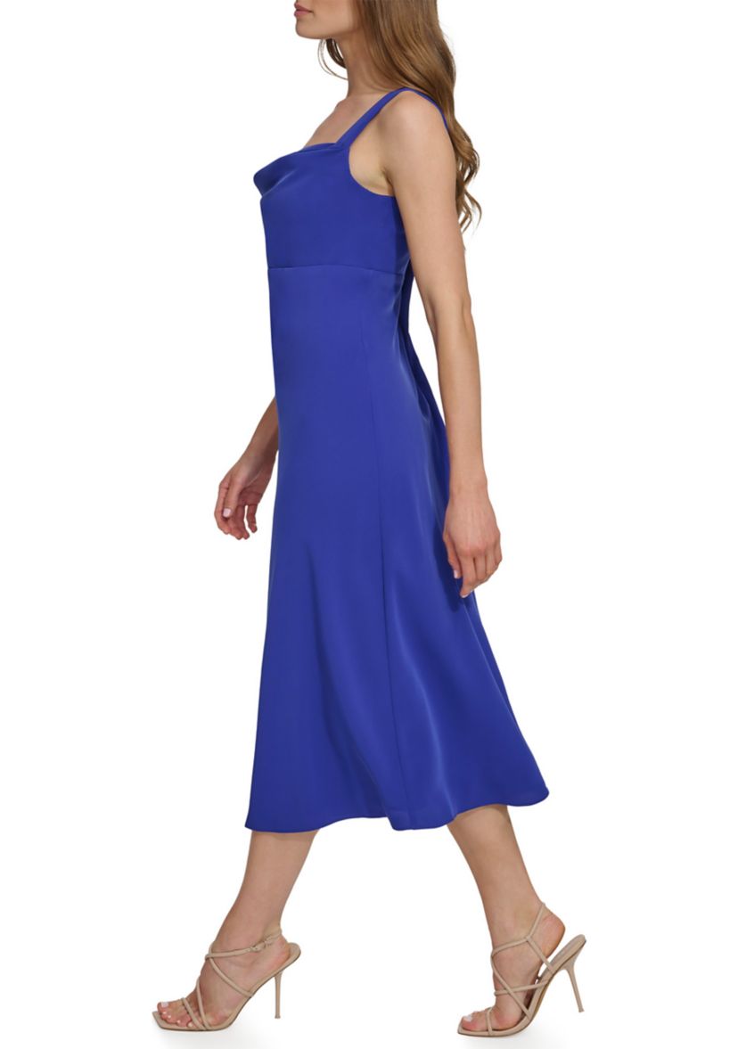 Womens Sleeveless Square Neck Solid Crepe A-Line Dress