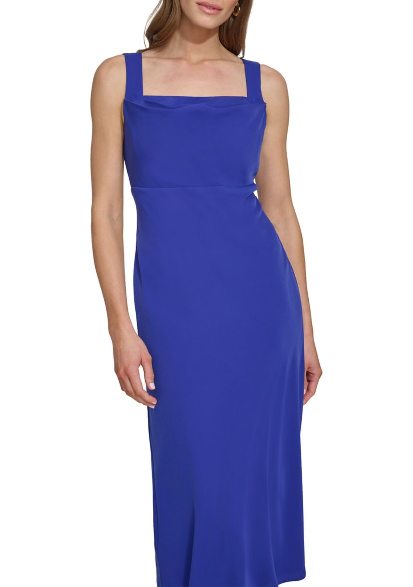 Womens Sleeveless Square Neck Solid Crepe A-Line Dress