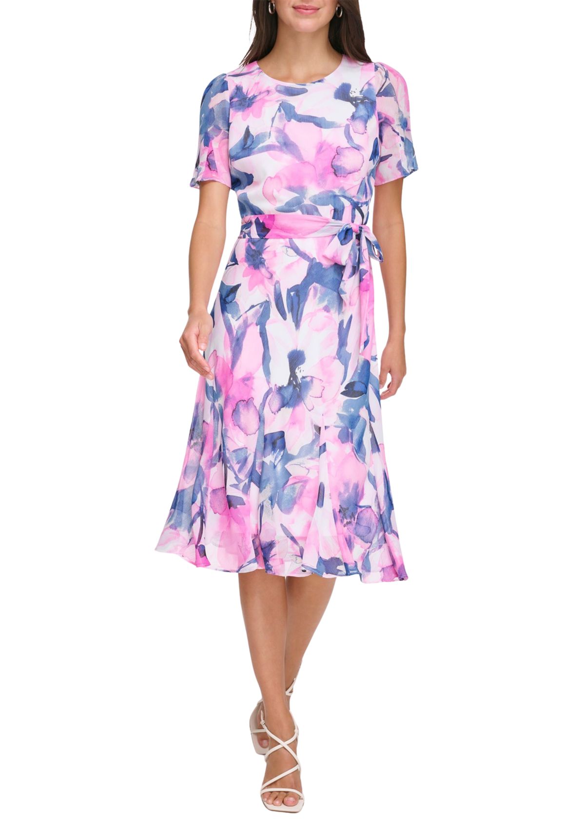 Womens Short Sleeve Tie Waist Floral Print Fit and Flare Dress