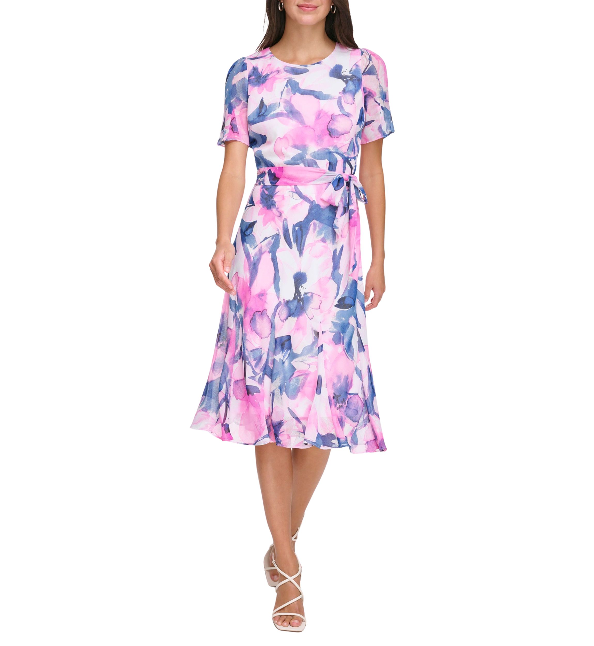Womens Short Sleeve Tie Waist Floral Print Fit and Flare Dress
