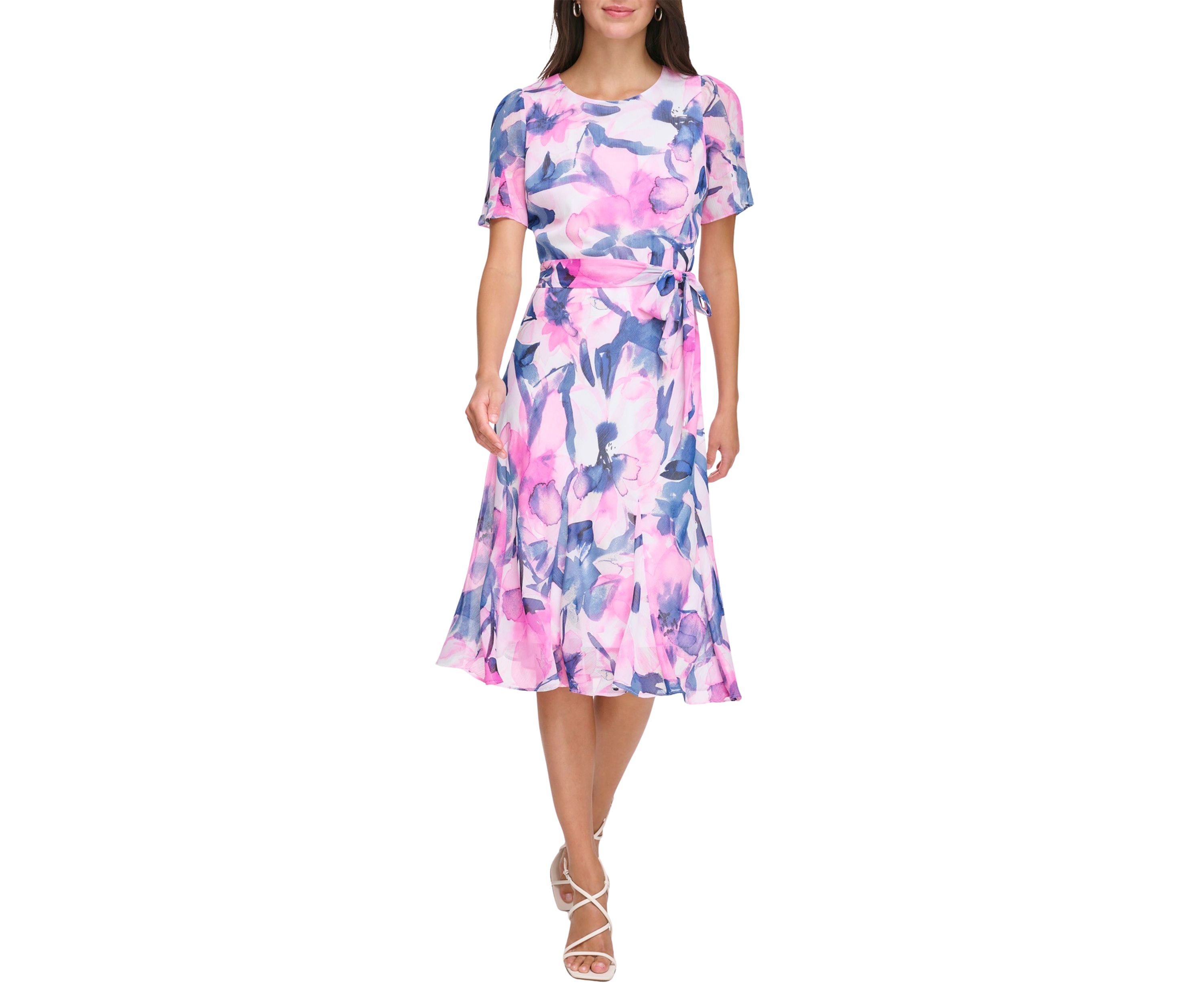 Womens Short Sleeve Tie Waist Floral Print Fit and Flare Dress