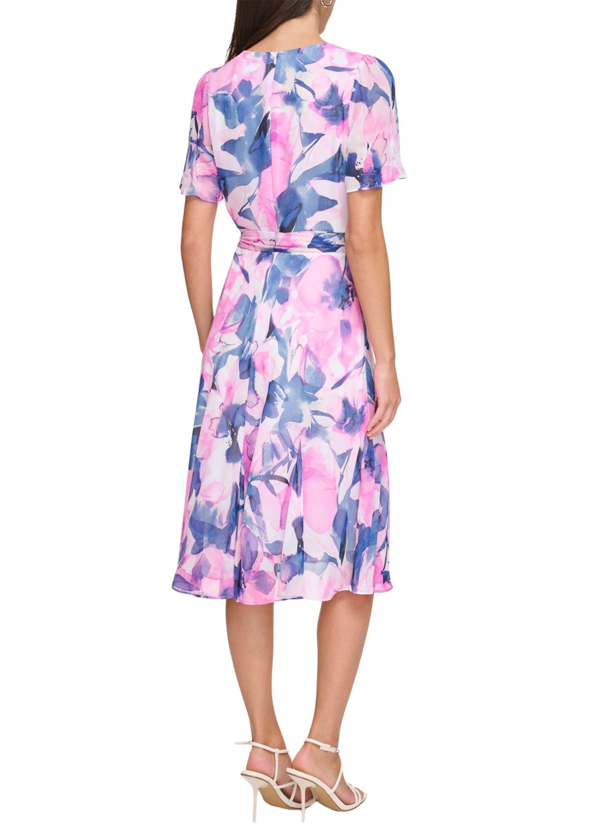 Womens Short Sleeve Tie Waist Floral Print Fit and Flare Dress