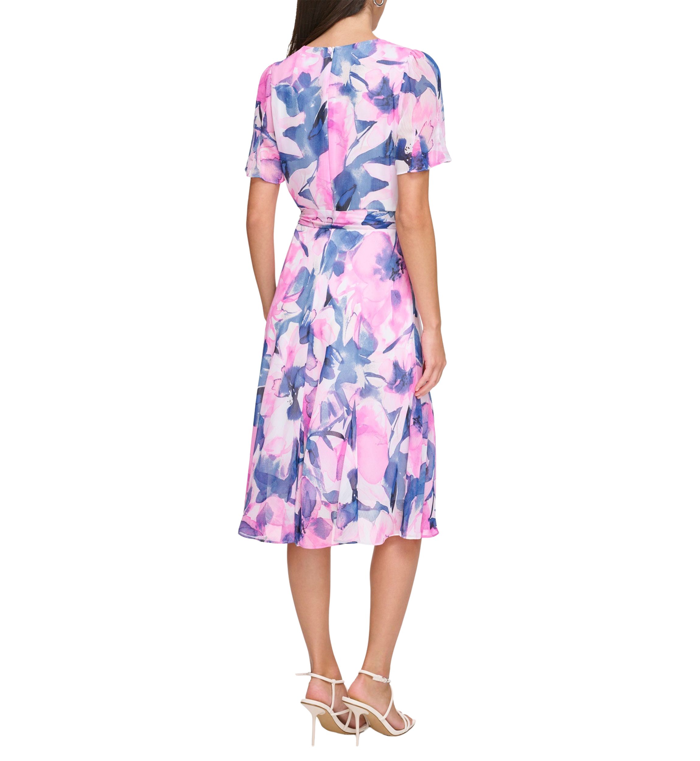 Womens Short Sleeve Tie Waist Floral Print Fit and Flare Dress