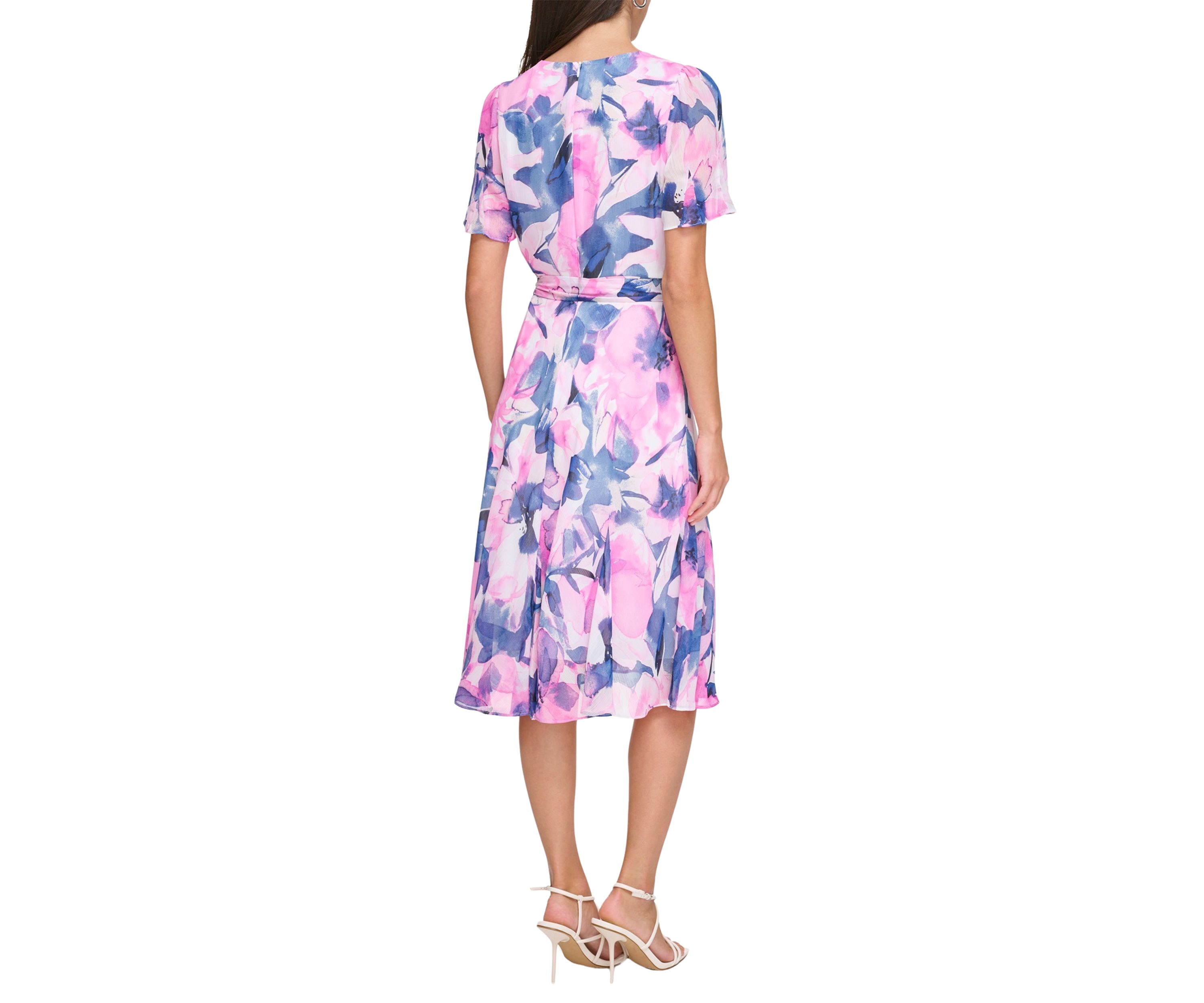 Womens Short Sleeve Tie Waist Floral Print Fit and Flare Dress