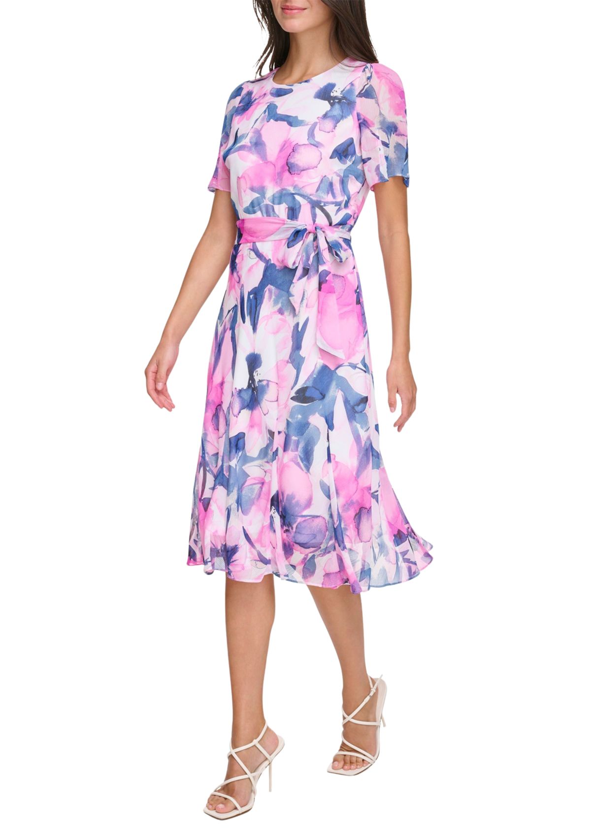 Womens Short Sleeve Tie Waist Floral Print Fit and Flare Dress