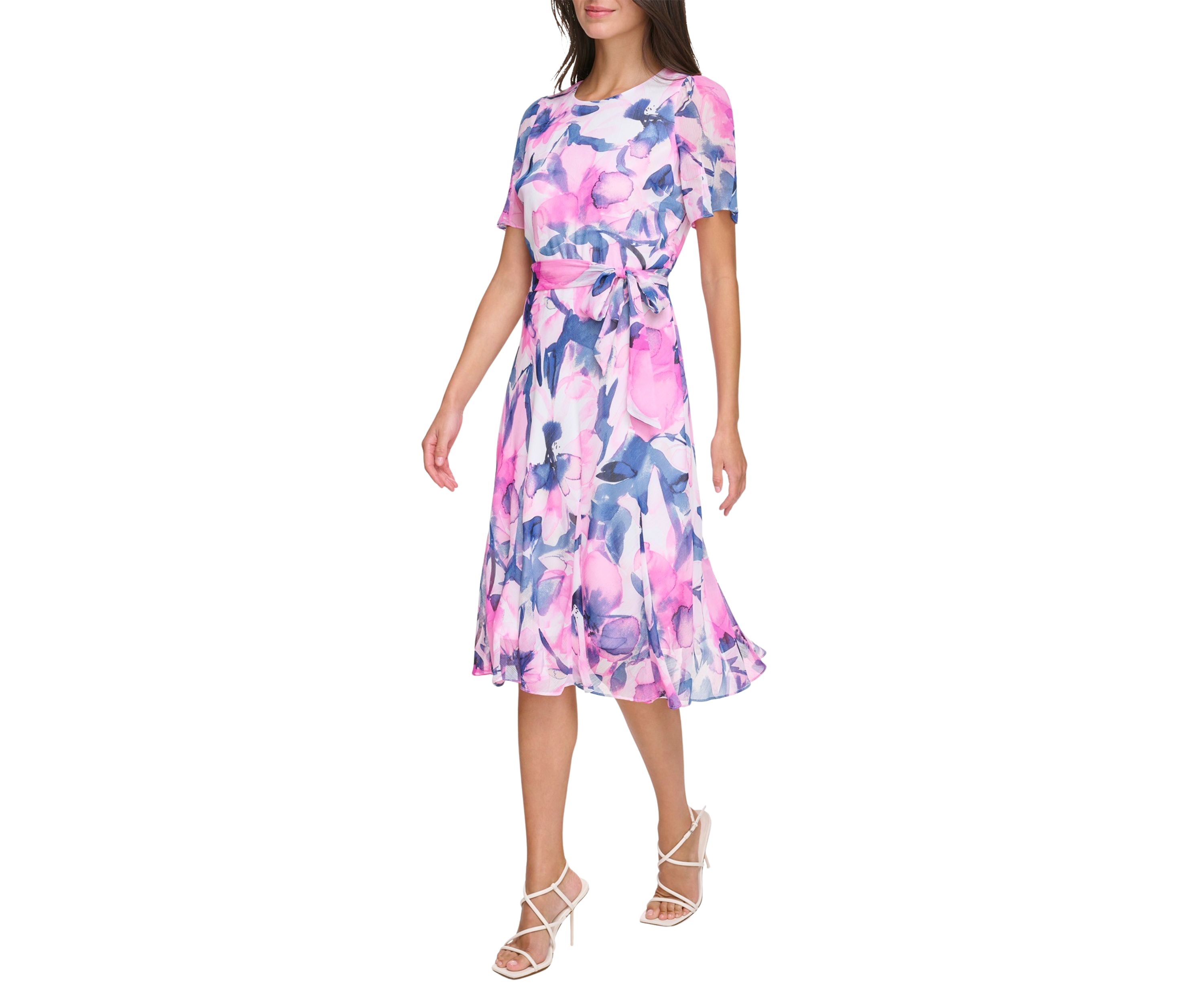 Womens Short Sleeve Tie Waist Floral Print Fit and Flare Dress