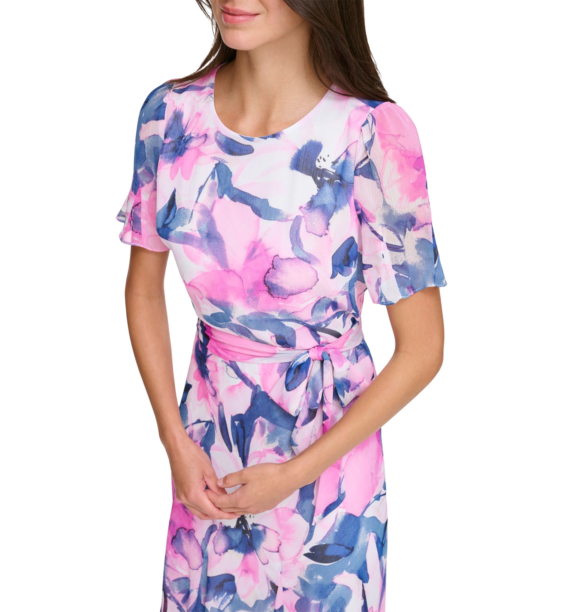 Womens Short Sleeve Tie Waist Floral Print Fit and Flare Dress