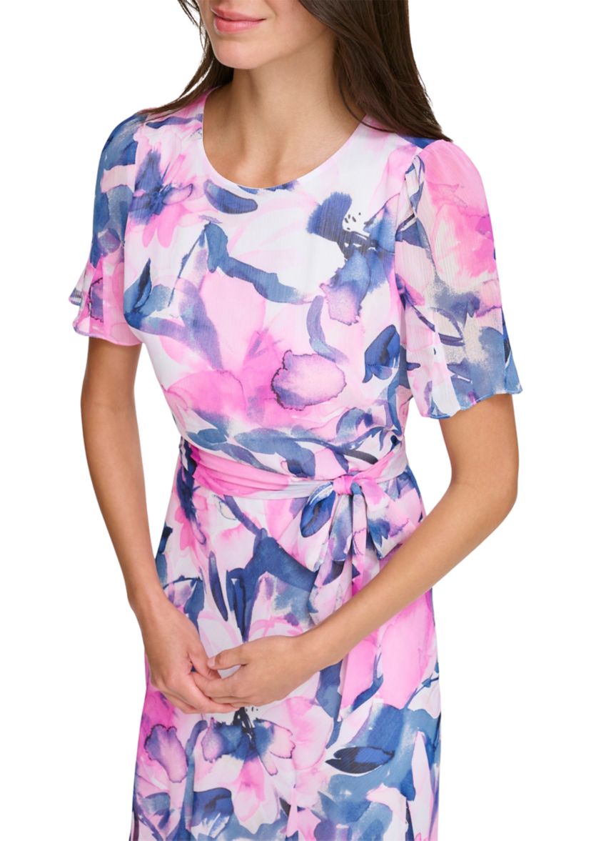 Womens Short Sleeve Tie Waist Floral Print Fit and Flare Dress
