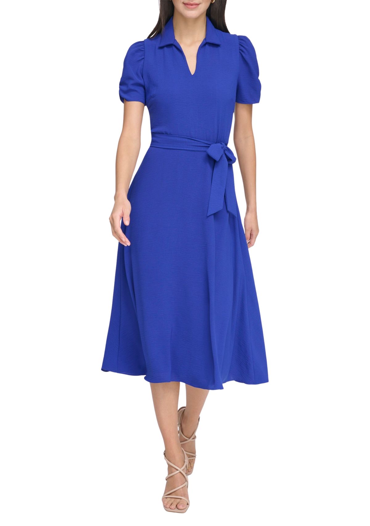 Womens Short Sleeve Collar Neck Solid Tie Waist Fit and Flare Dress