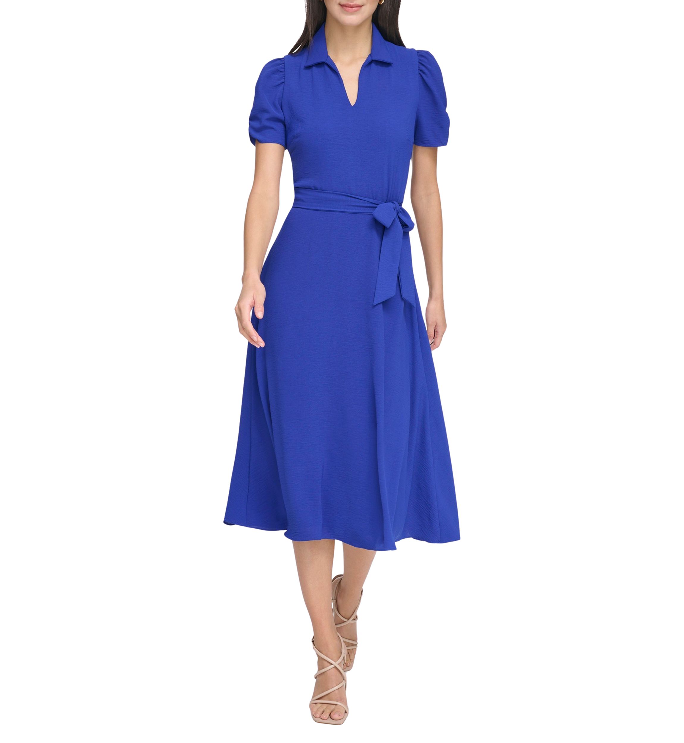 Womens Short Sleeve Collar Neck Solid Tie Waist Fit and Flare Dress