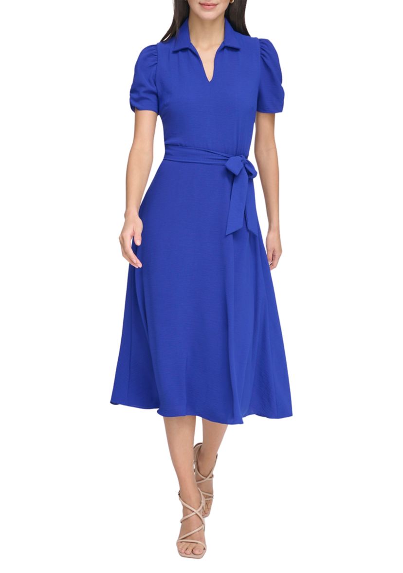 Womens Short Sleeve Collar Neck Solid Tie Waist Fit and Flare Dress