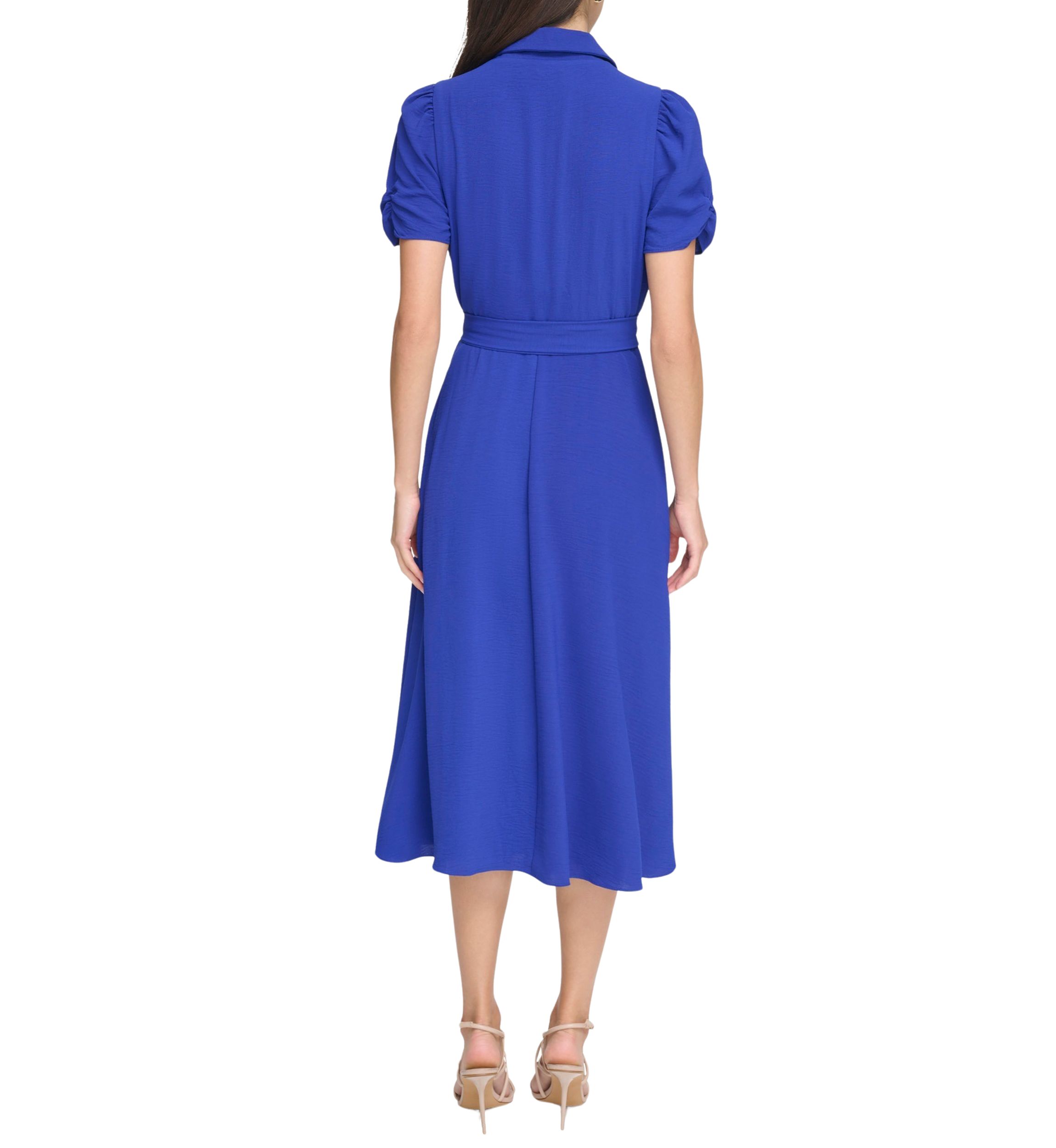 Womens Short Sleeve Collar Neck Solid Tie Waist Fit and Flare Dress