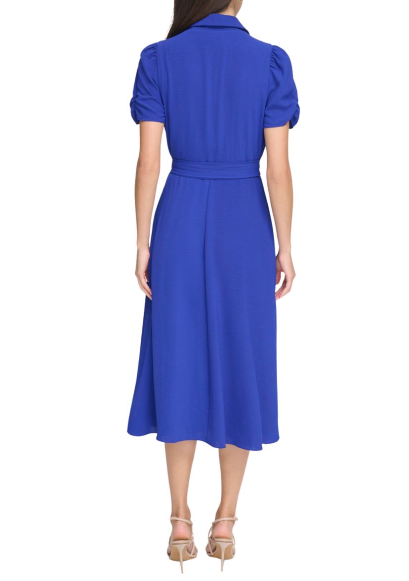 Womens Short Sleeve Collar Neck Solid Tie Waist Fit and Flare Dress