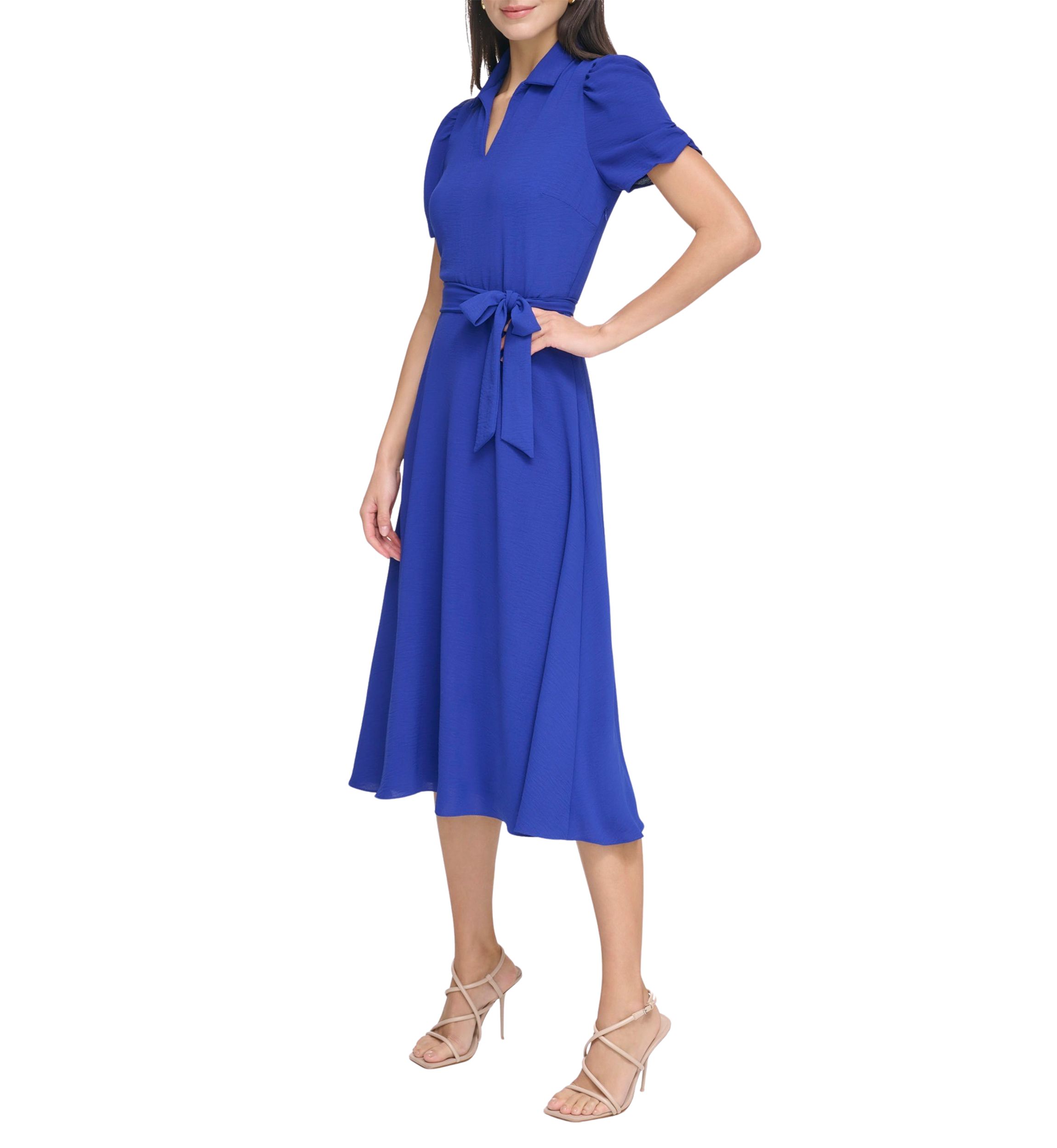 Womens Short Sleeve Collar Neck Solid Tie Waist Fit and Flare Dress