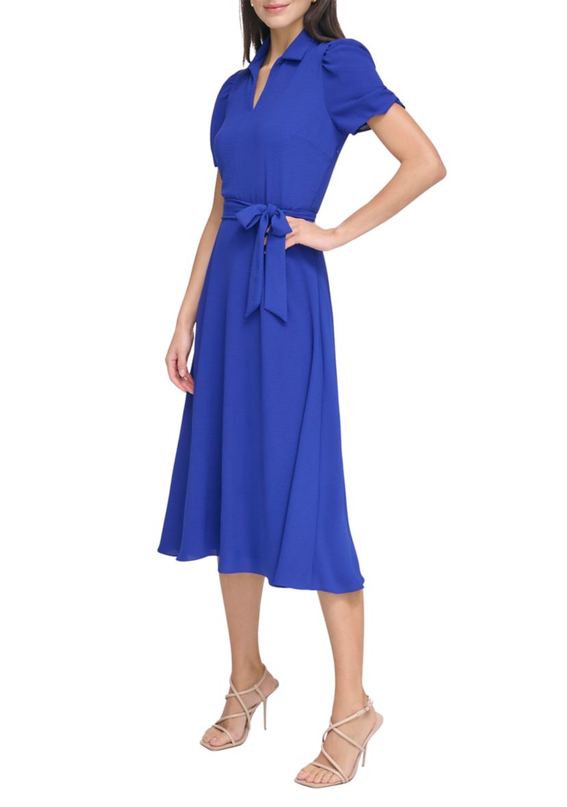 Womens Short Sleeve Collar Neck Solid Tie Waist Fit and Flare Dress
