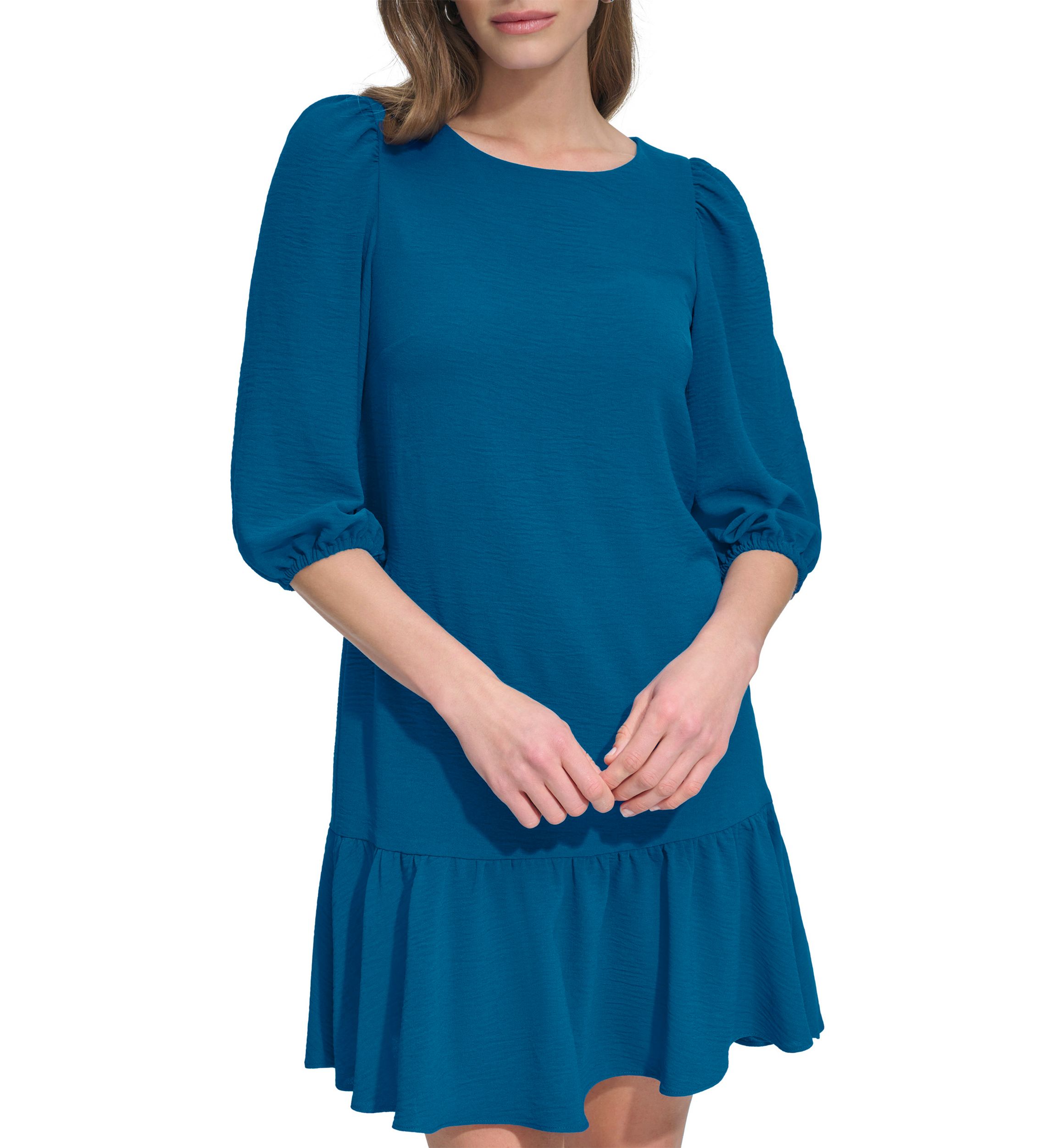 Womens 3/4 Sleeve Crew Neck Solid A-Line Dress