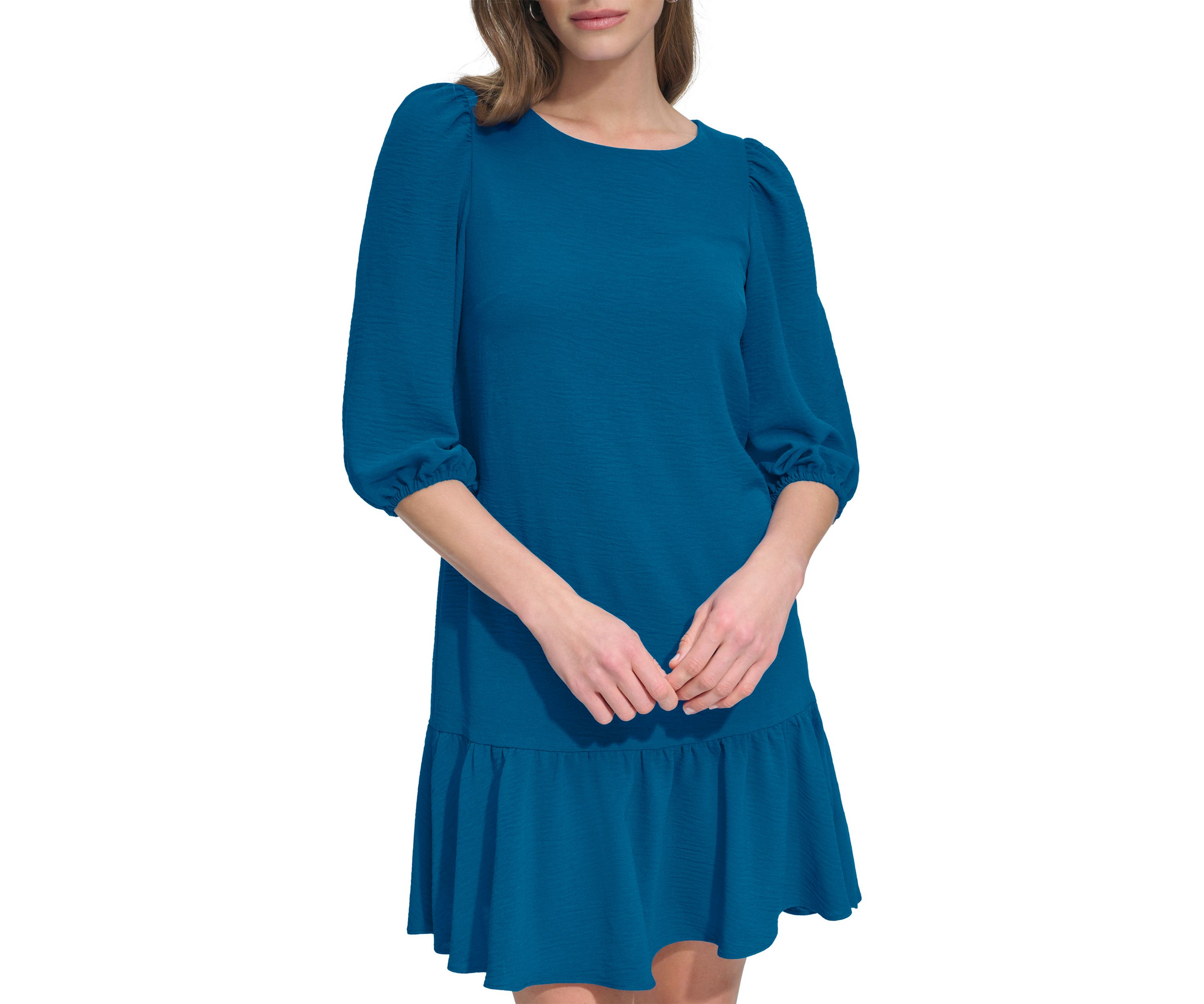 Womens 3/4 Sleeve Crew Neck Solid A-Line Dress