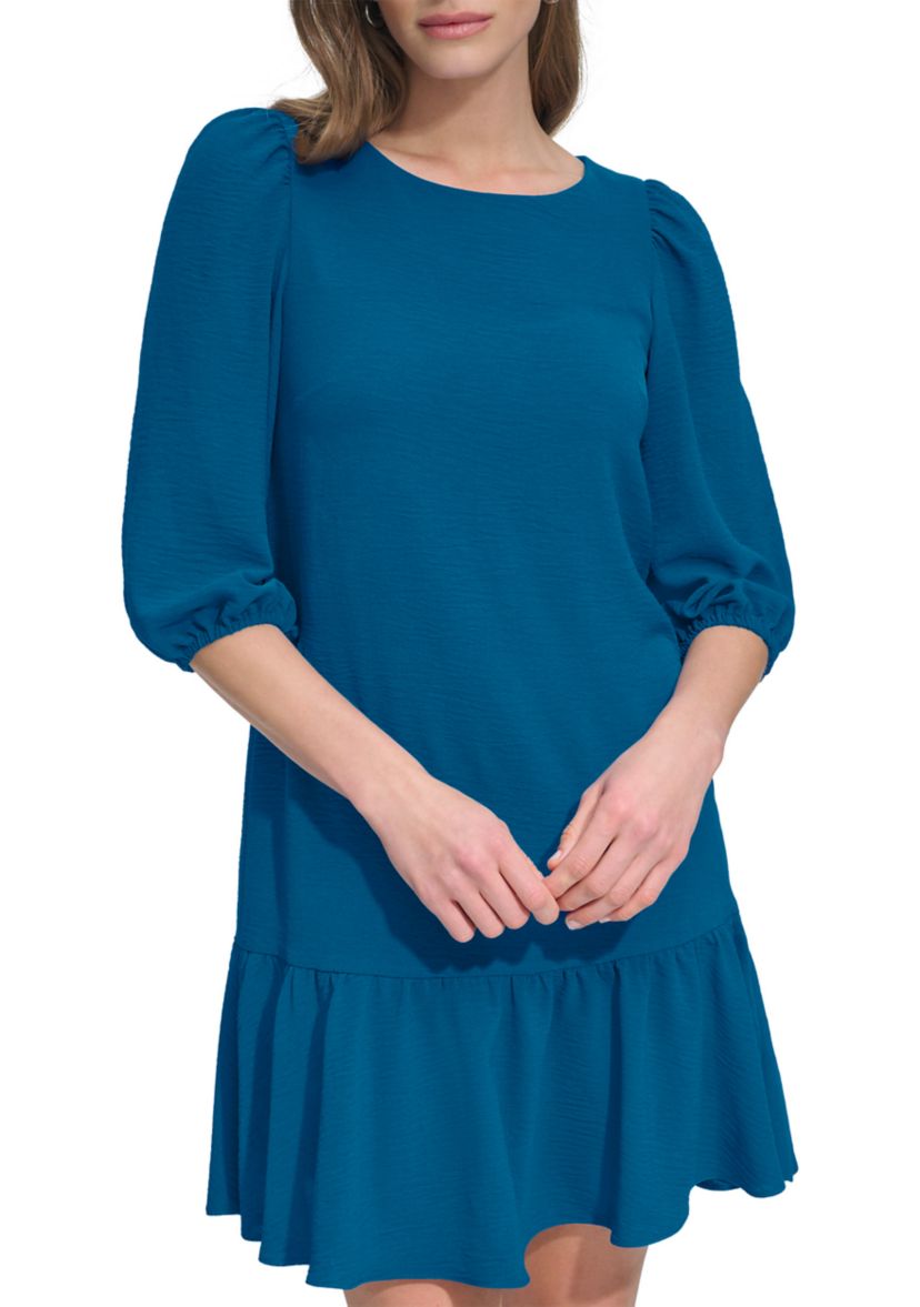 Womens 3/4 Sleeve Crew Neck Solid A-Line Dress
