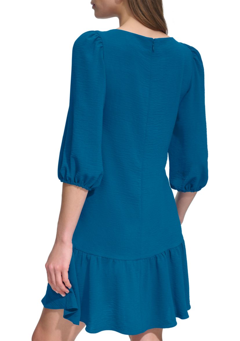 Womens 3/4 Sleeve Crew Neck Solid A-Line Dress