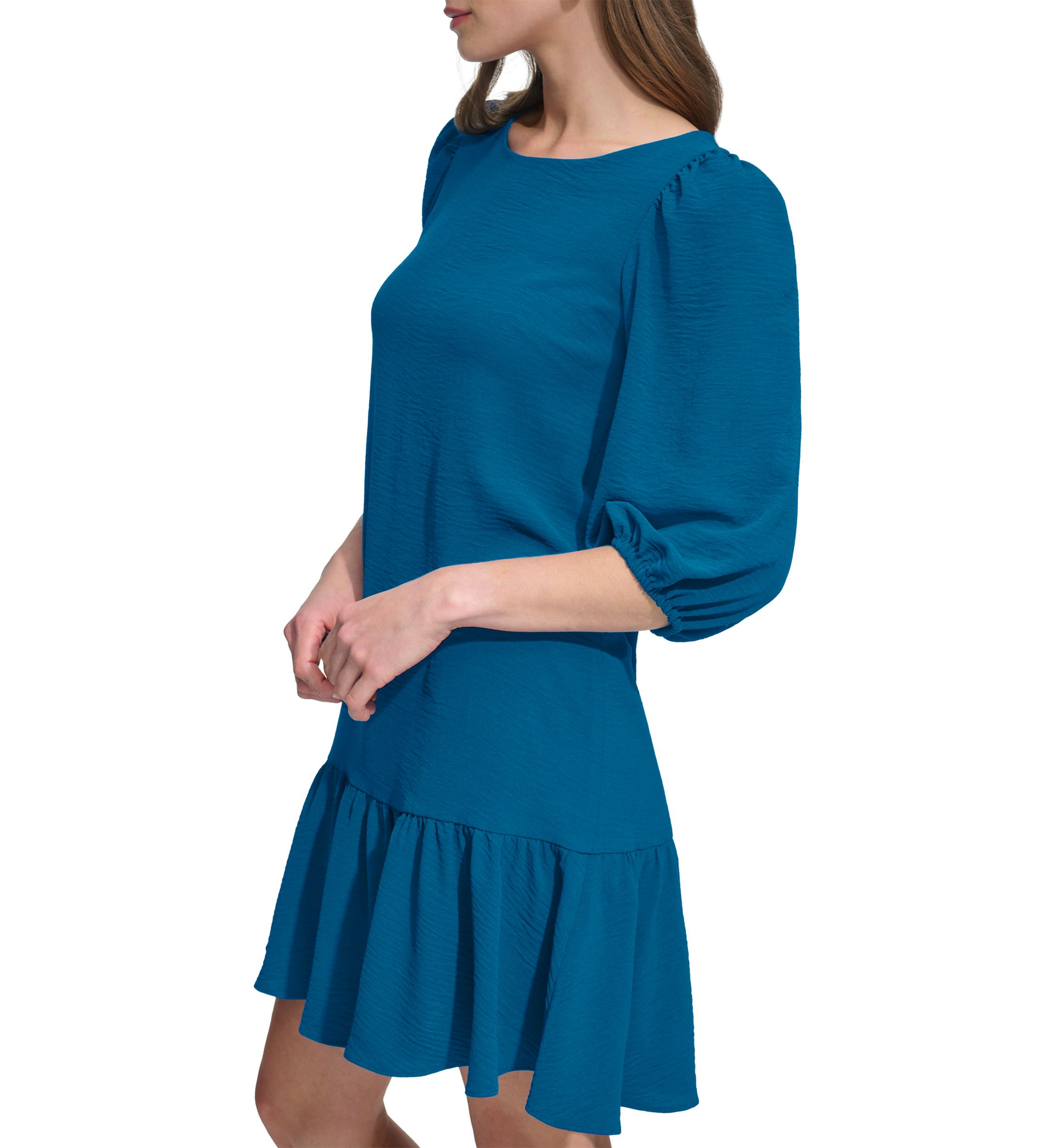Womens 3/4 Sleeve Crew Neck Solid A-Line Dress