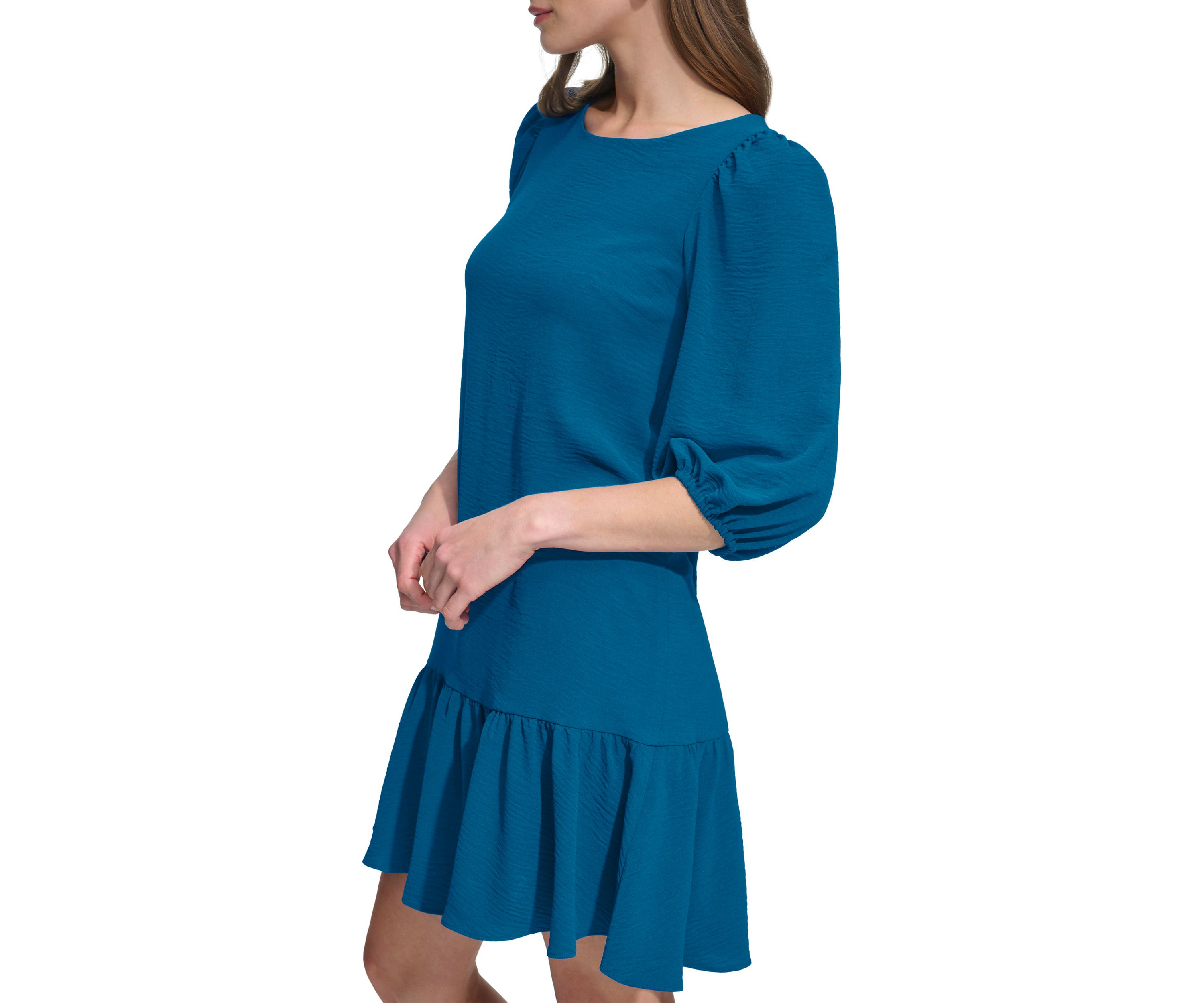 Womens 3/4 Sleeve Crew Neck Solid A-Line Dress