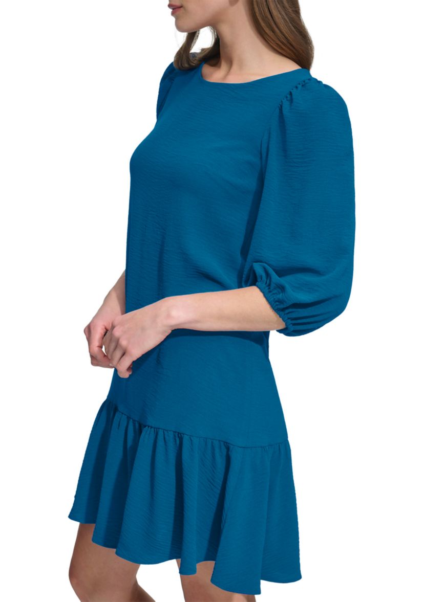 Womens 3/4 Sleeve Crew Neck Solid A-Line Dress