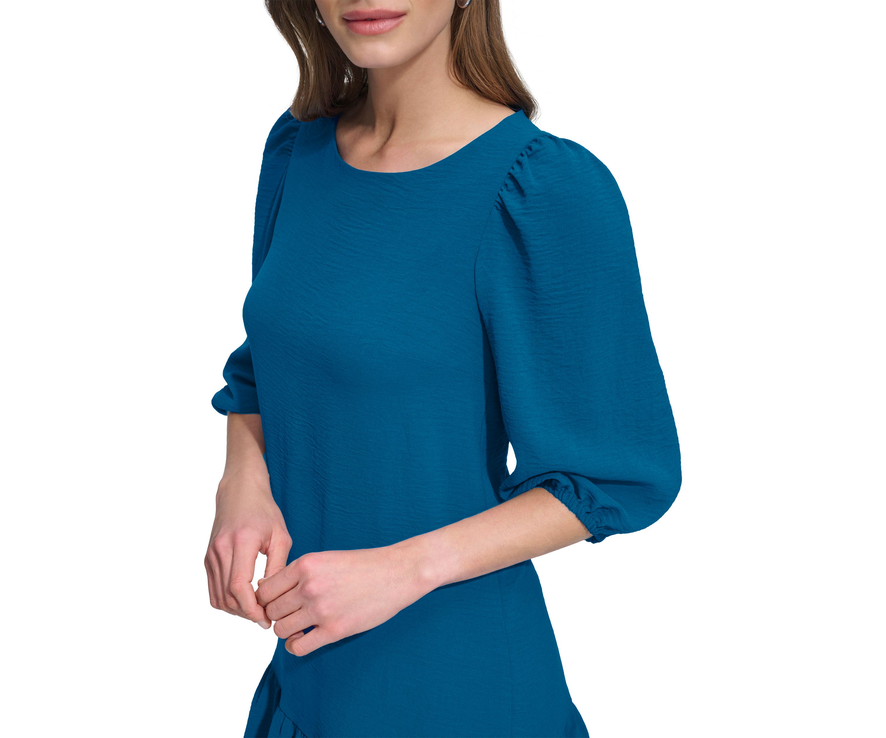 Womens 3/4 Sleeve Crew Neck Solid A-Line Dress