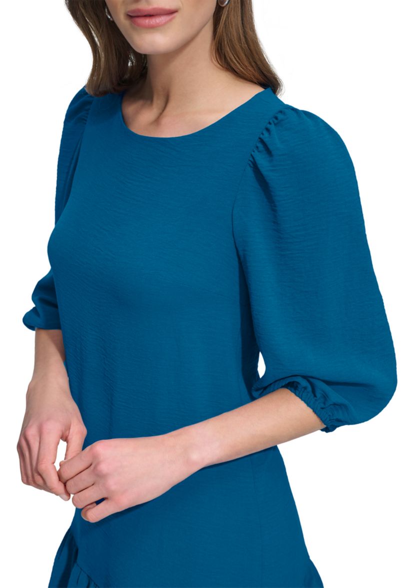 Womens 3/4 Sleeve Crew Neck Solid A-Line Dress