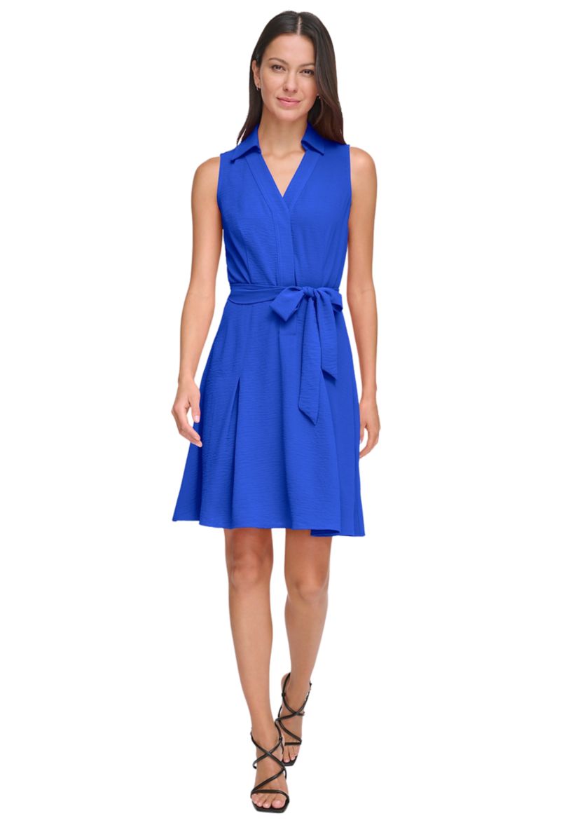 Womens Collared Solid Tie Waist A-Line Dress