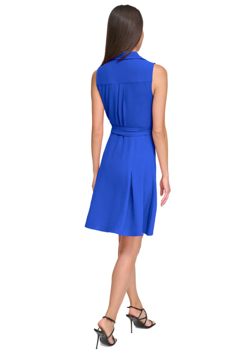 Womens Collared Solid Tie Waist A-Line Dress