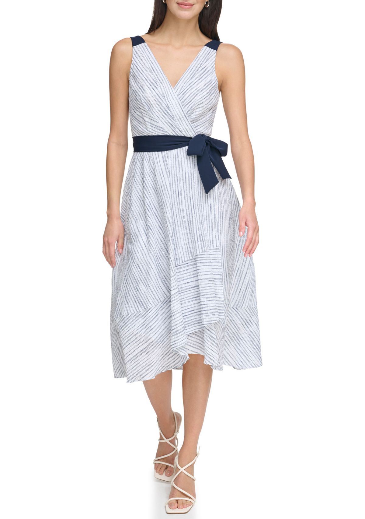 Womens Sleevelees V-Neck Striped Tie Waist Fit and Flare Dress