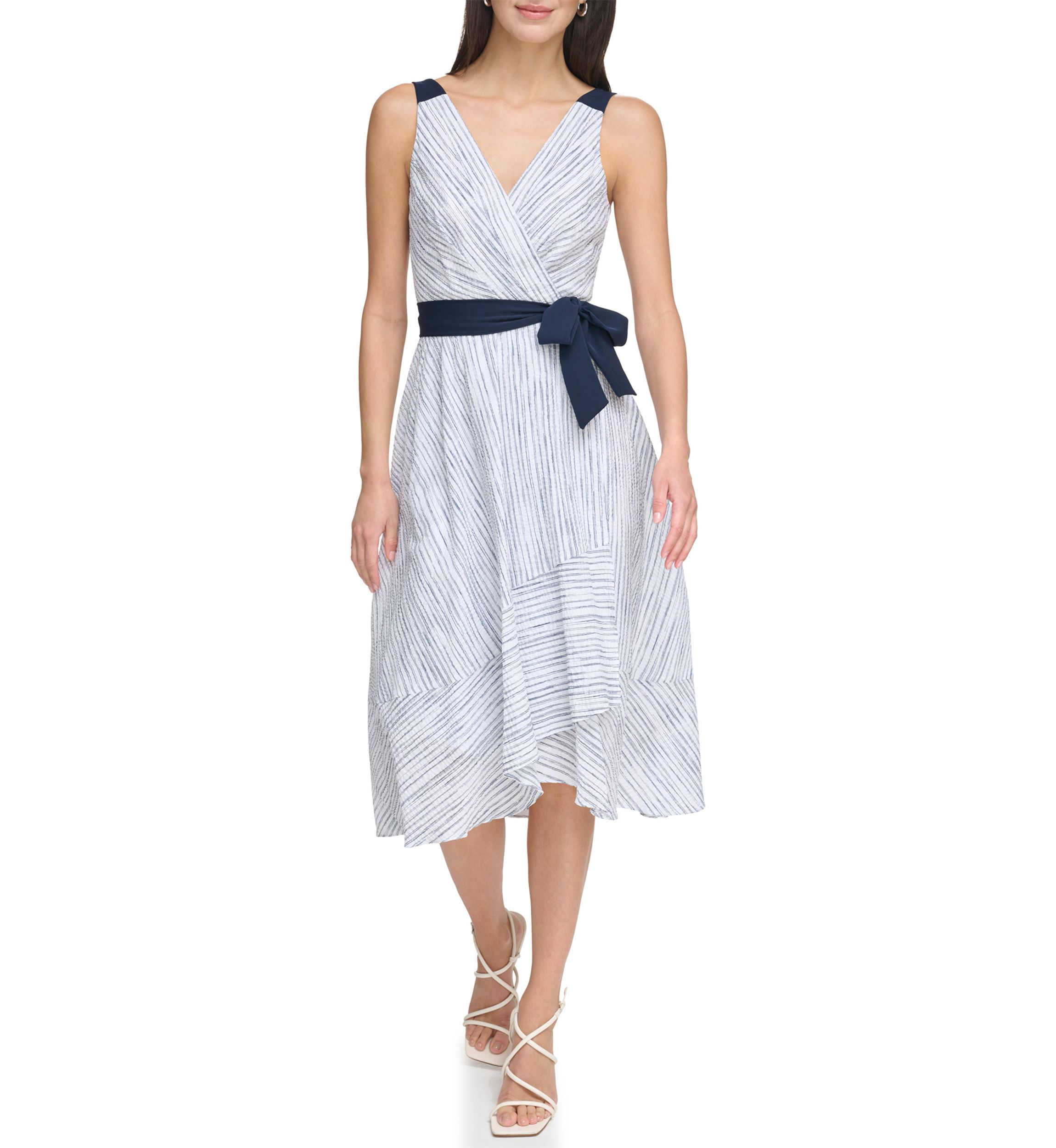 Womens Sleevelees V-Neck Striped Tie Waist Fit and Flare Dress