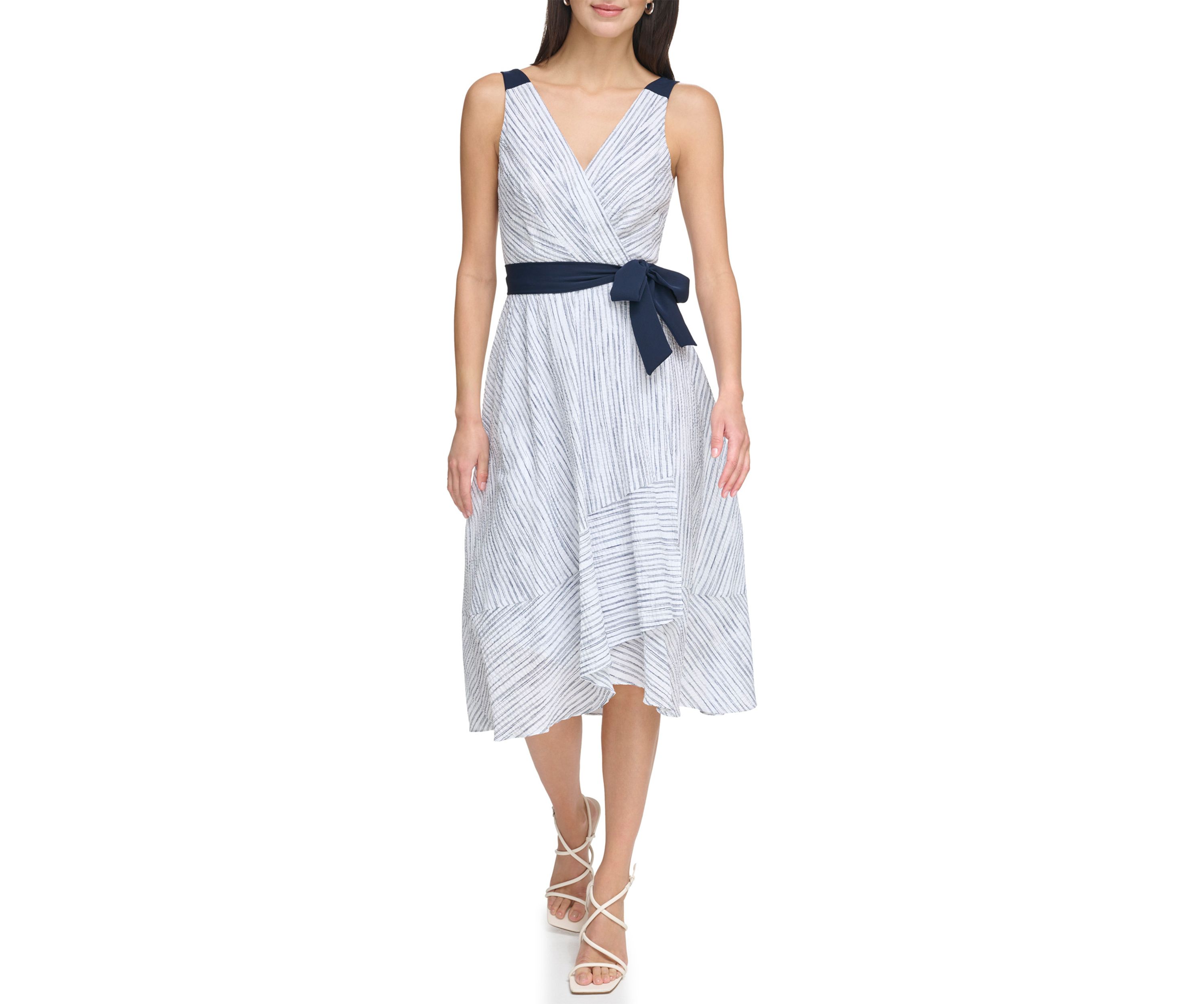Womens Sleevelees V-Neck Striped Tie Waist Fit and Flare Dress