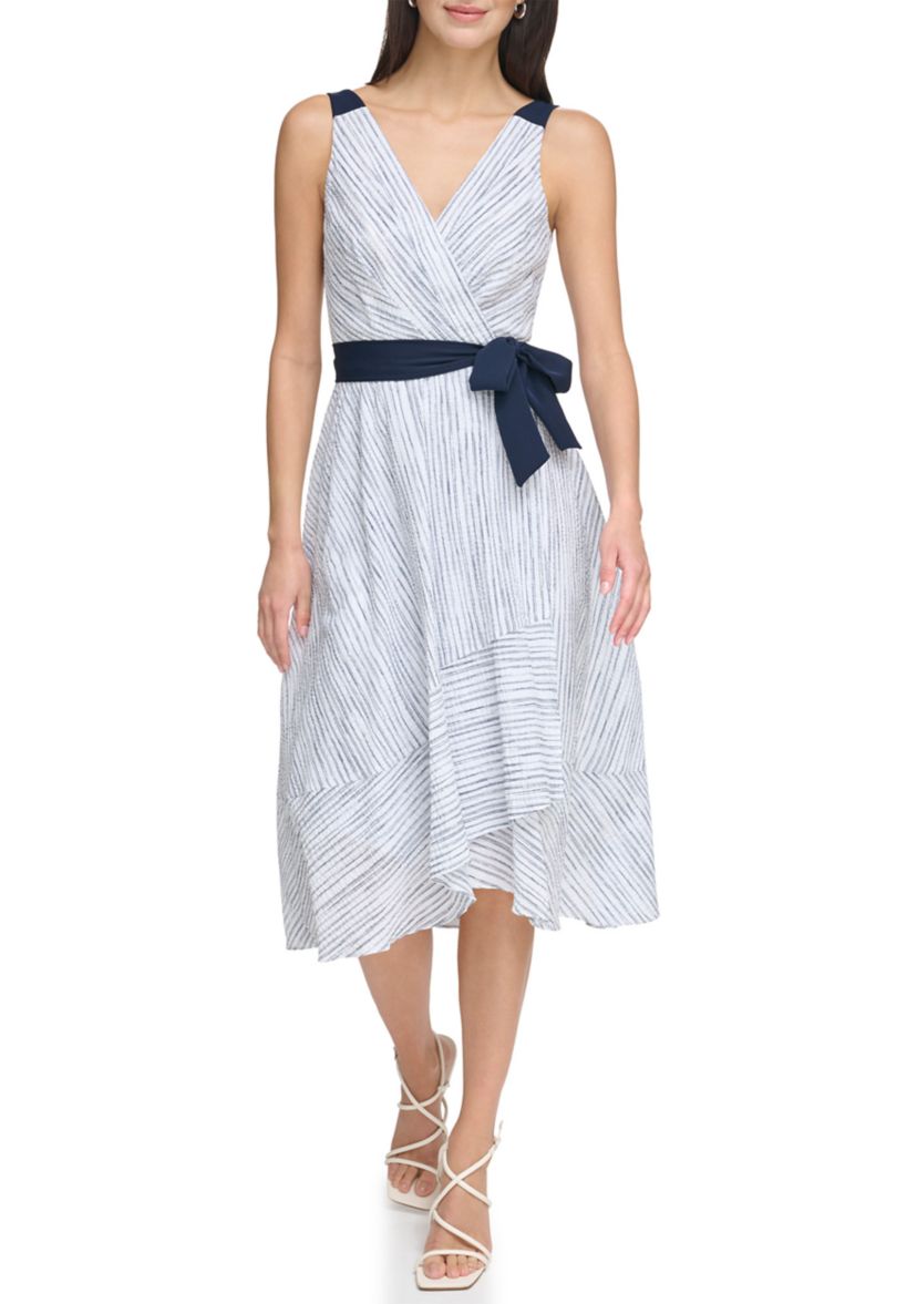 Womens Sleevelees V-Neck Striped Tie Waist Fit and Flare Dress
