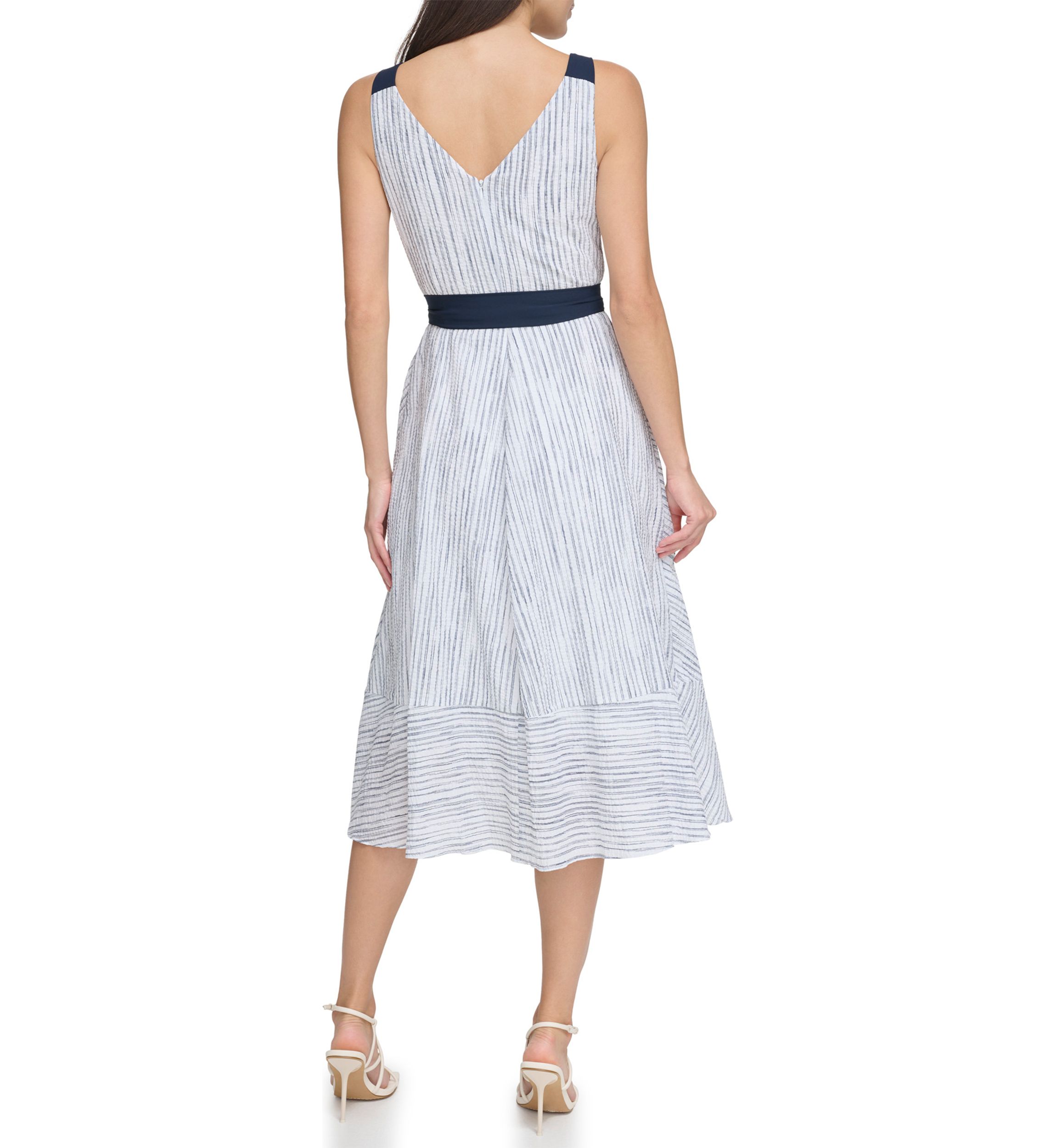 Womens Sleevelees V-Neck Striped Tie Waist Fit and Flare Dress