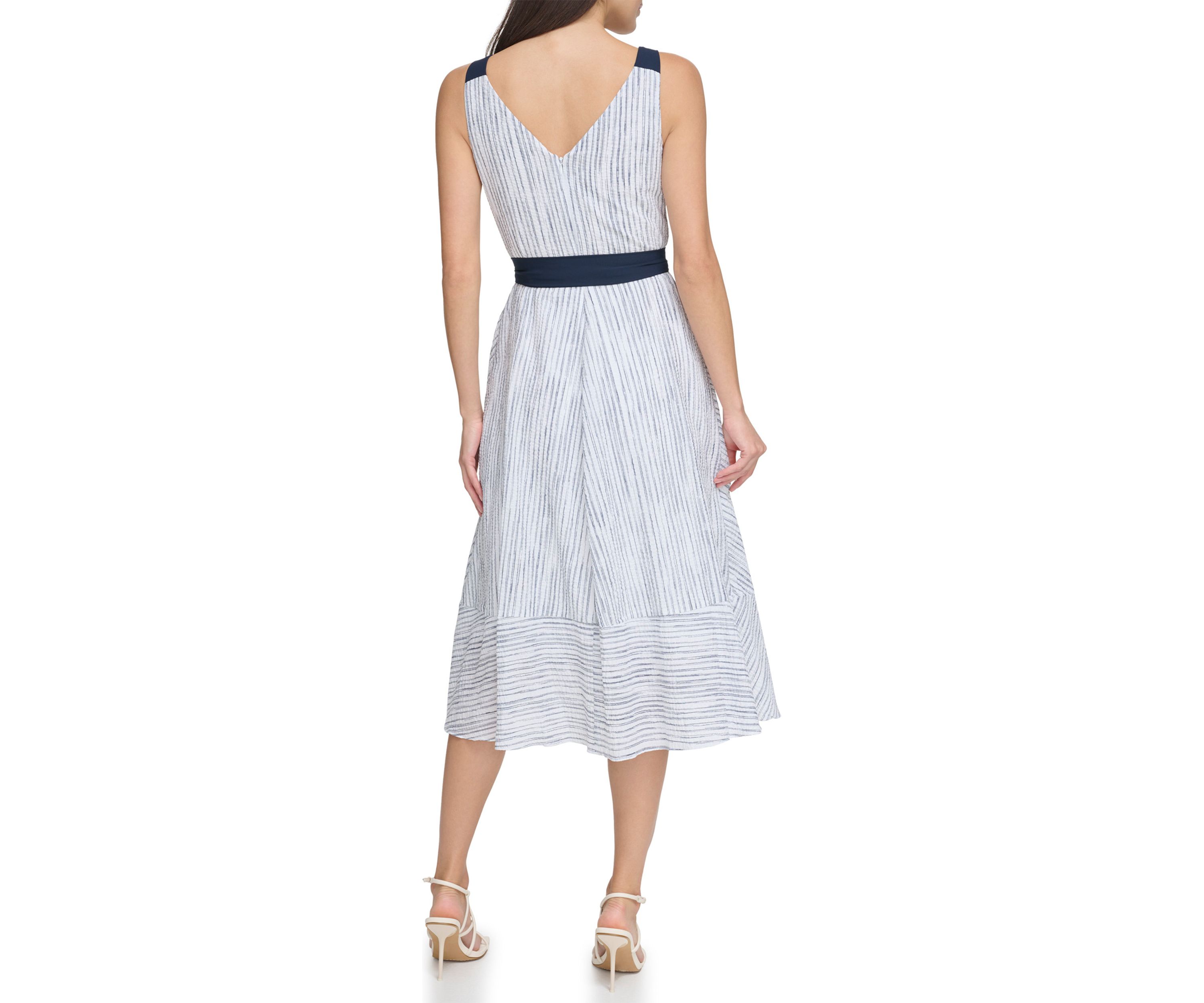 Womens Sleevelees V-Neck Striped Tie Waist Fit and Flare Dress