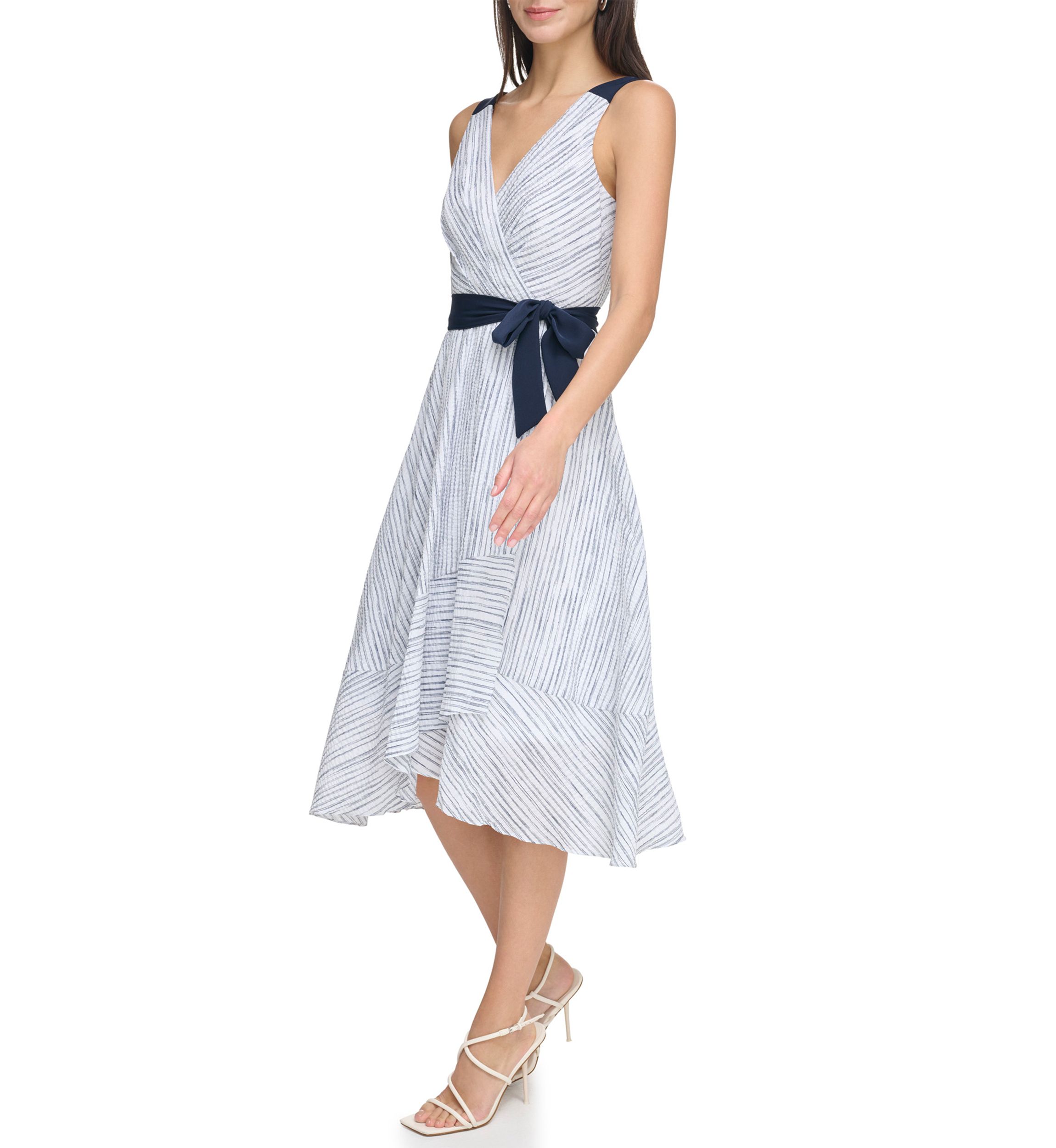 Womens Sleevelees V-Neck Striped Tie Waist Fit and Flare Dress