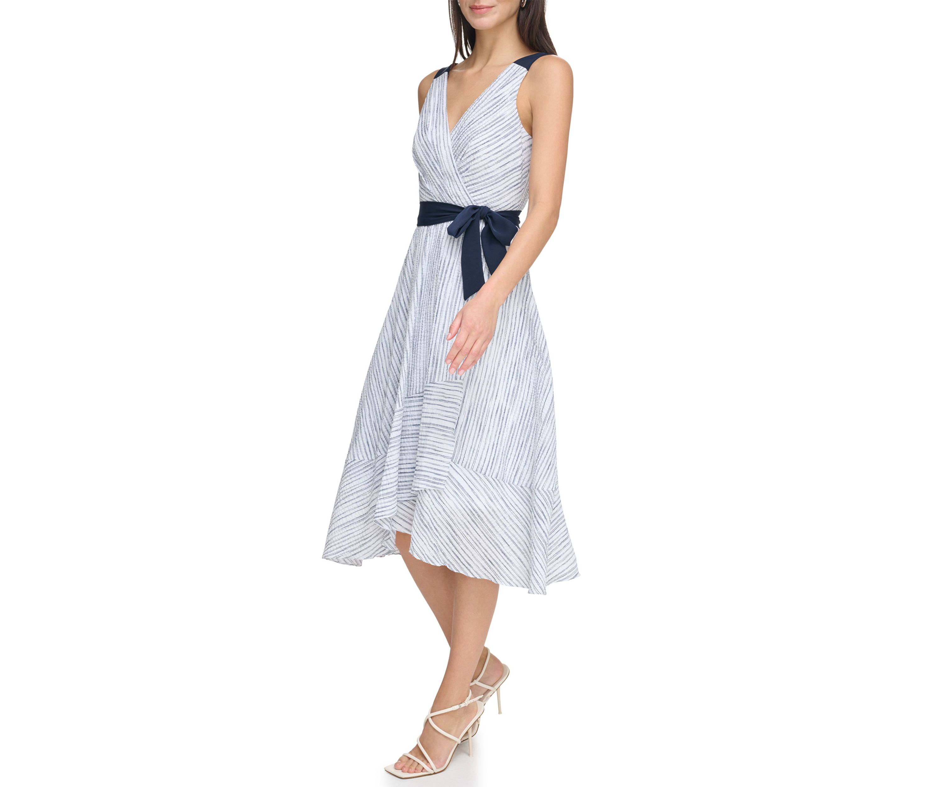 Womens Sleevelees V-Neck Striped Tie Waist Fit and Flare Dress