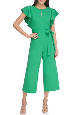 Women's Short Sleeve Keyhole Neck Tie Waist Solid Jumpsuit