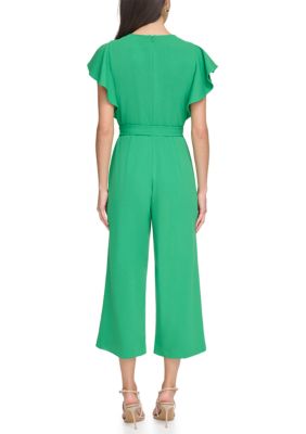 Women's Short Sleeve Keyhole Neck Tie Waist Solid Jumpsuit