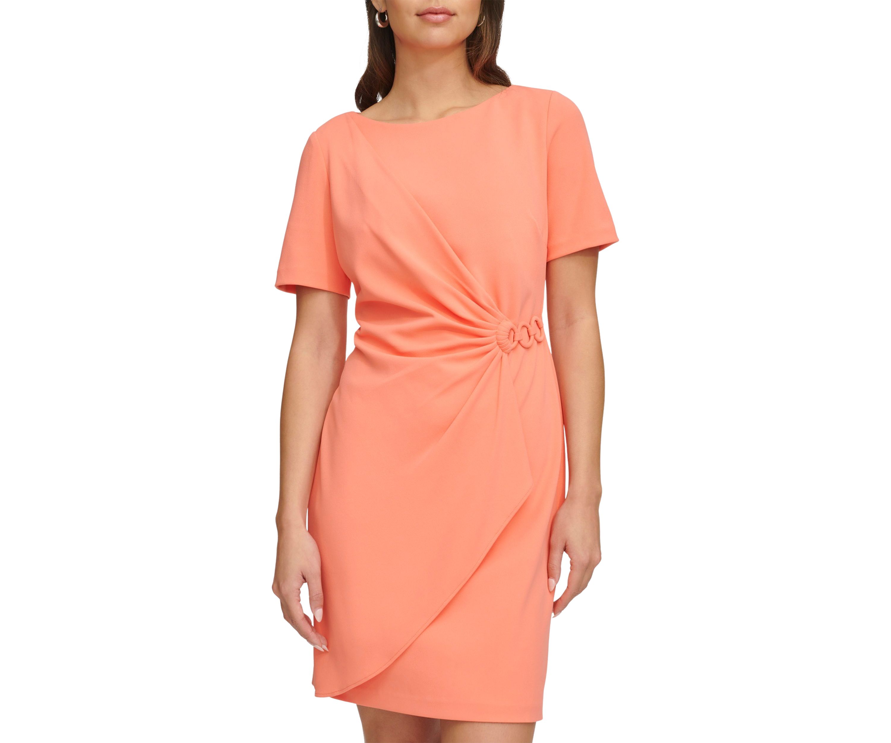 Womens Short Sleeve Ruched Solid Sheath Dress