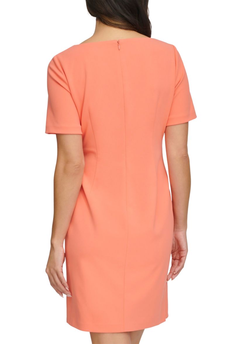 Womens Short Sleeve Ruched Solid Sheath Dress