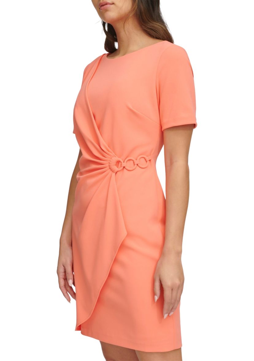 Womens Short Sleeve Ruched Solid Sheath Dress