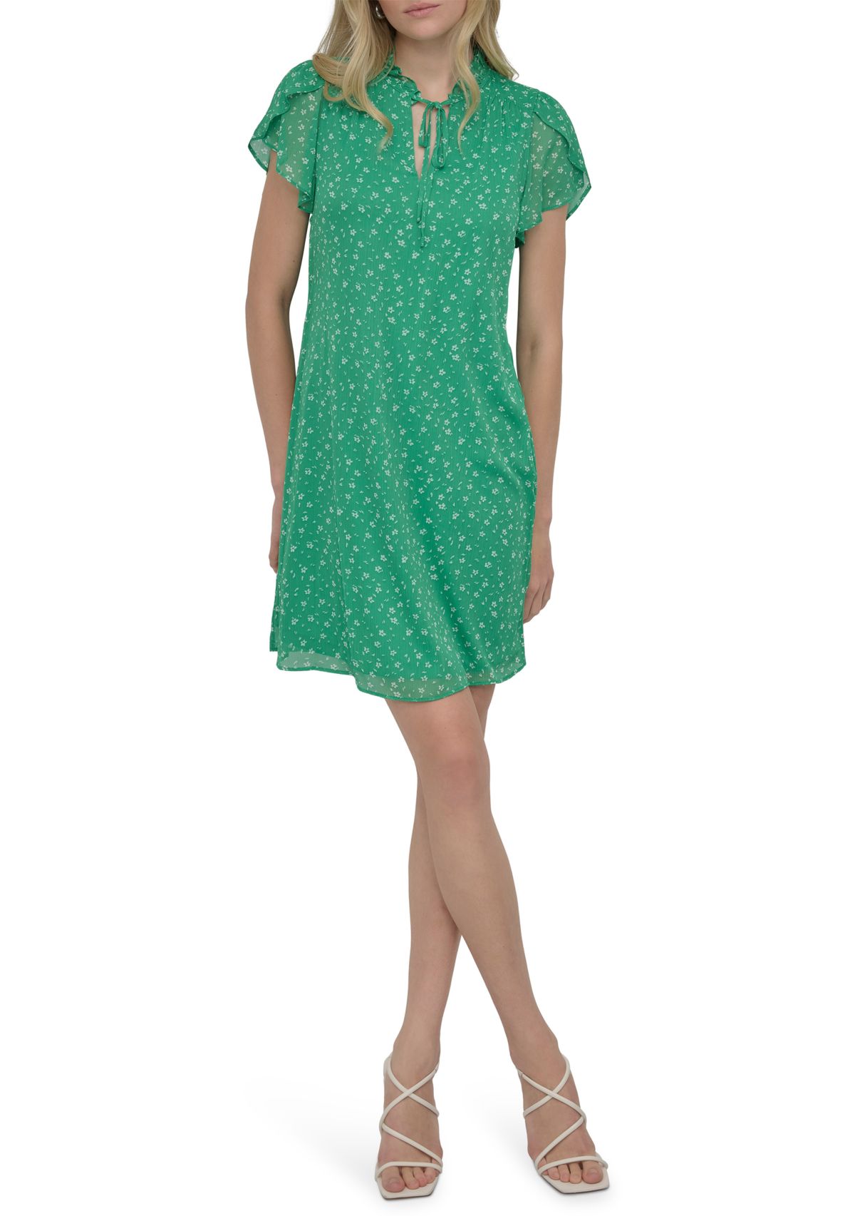 Womens Flutter Sleeve Mock Neck Dot Printed A-Line Dress