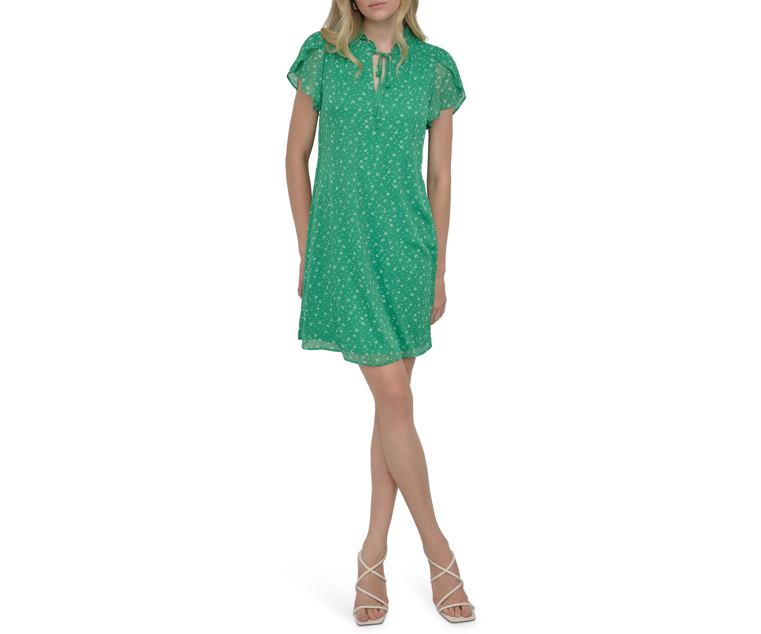 Womens Flutter Sleeve Mock Neck Dot Printed A-Line Dress