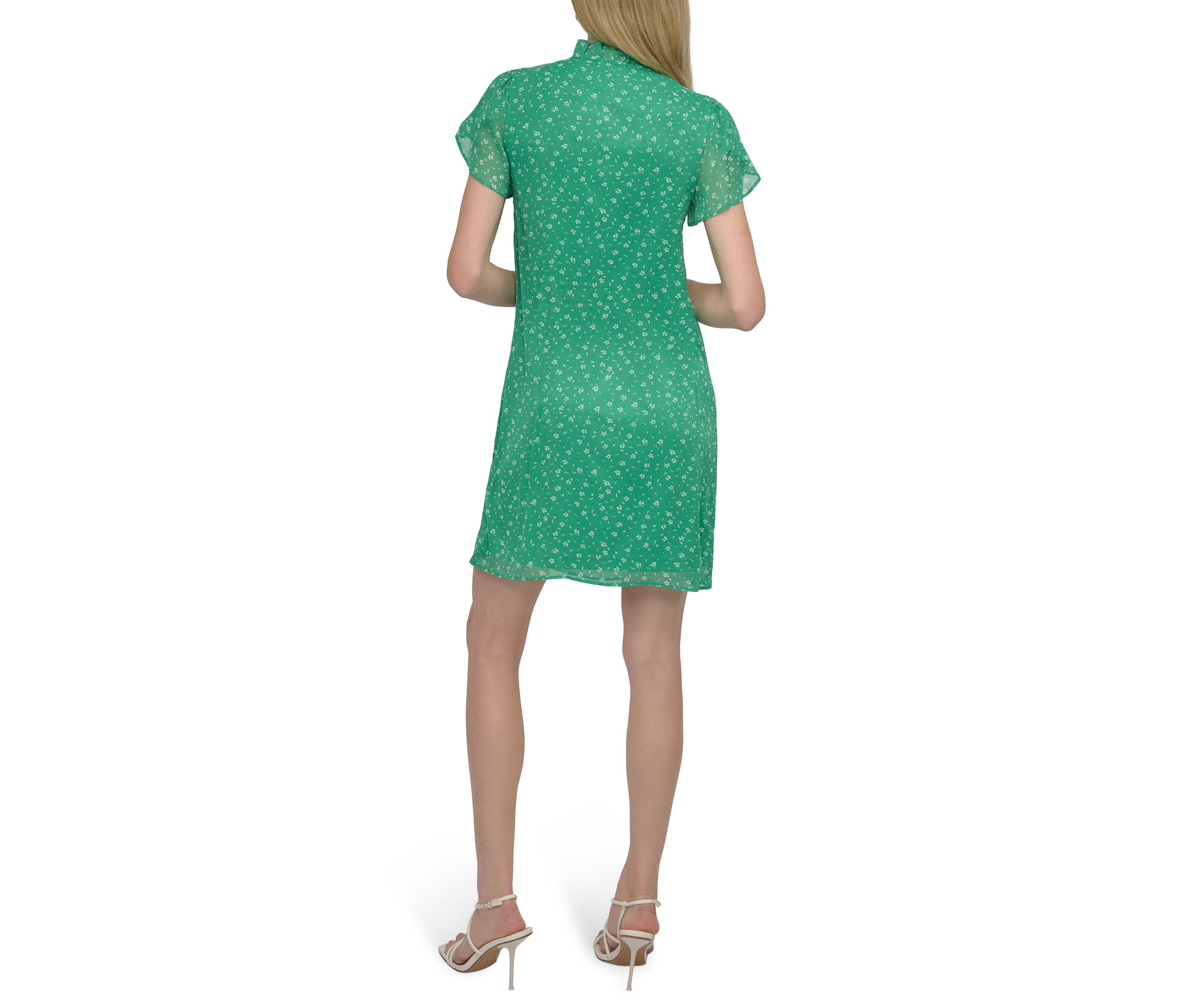 Womens Flutter Sleeve Mock Neck Dot Printed A-Line Dress