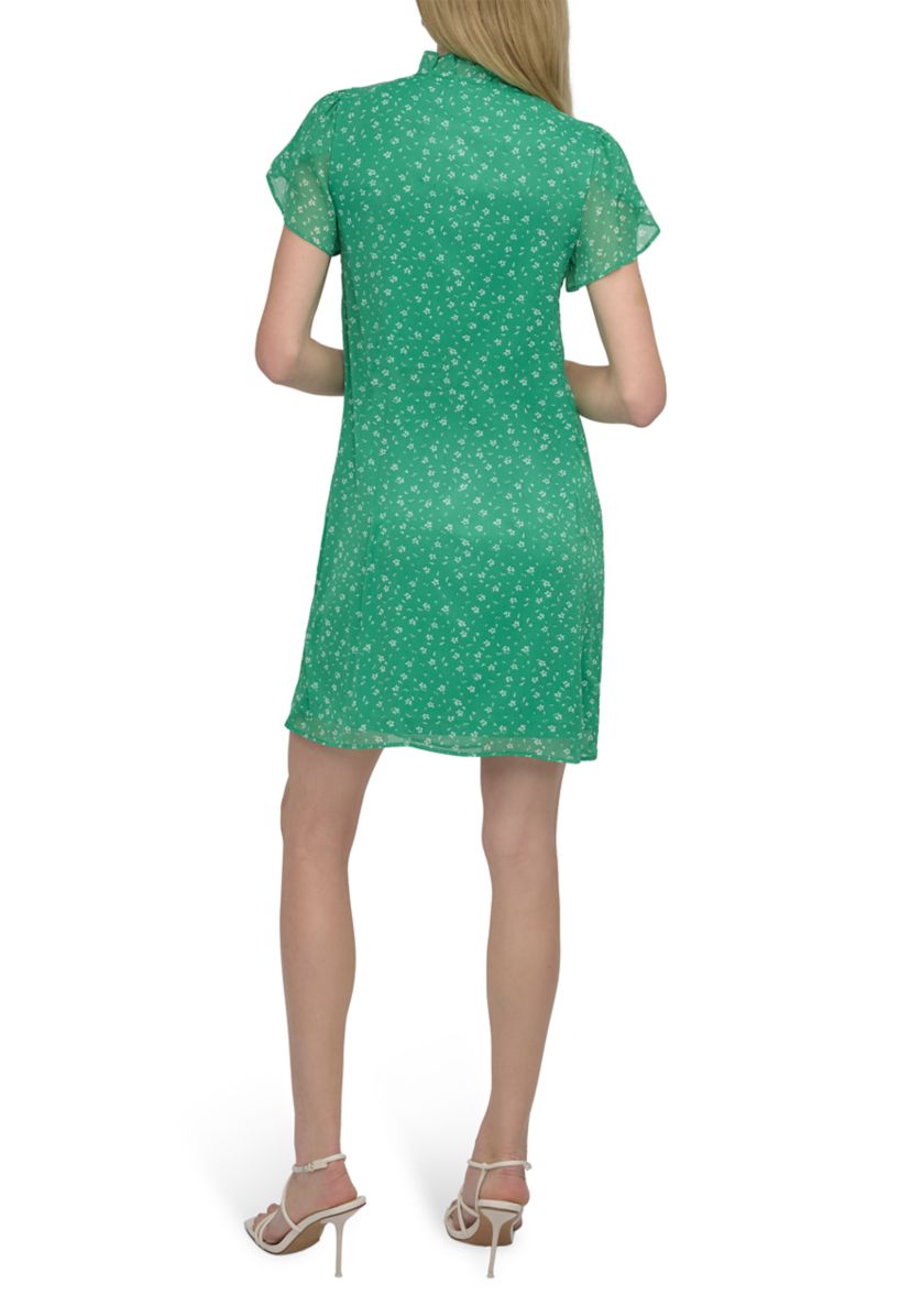 Womens Flutter Sleeve Mock Neck Dot Printed A-Line Dress