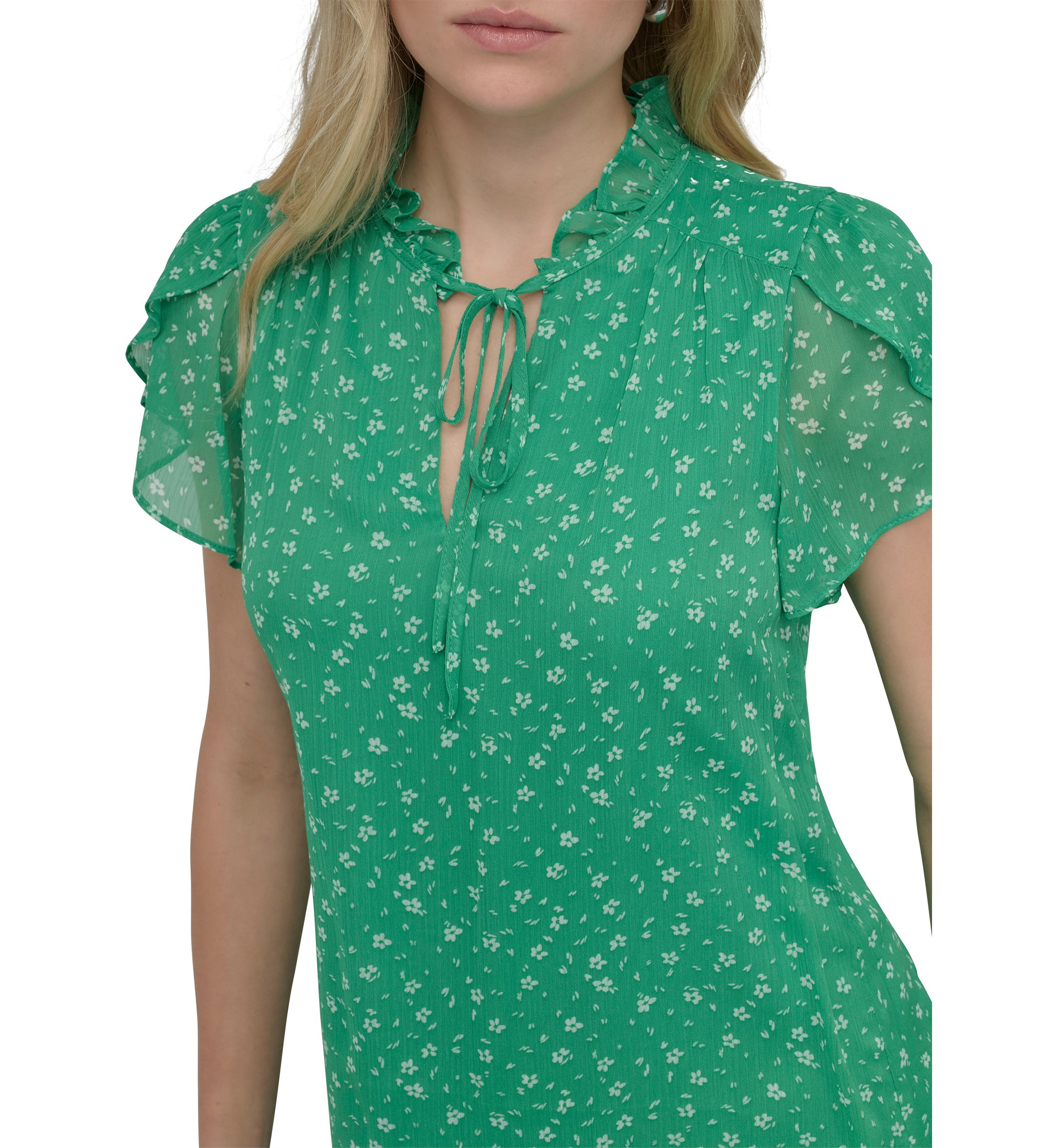Womens Flutter Sleeve Mock Neck Dot Printed A-Line Dress